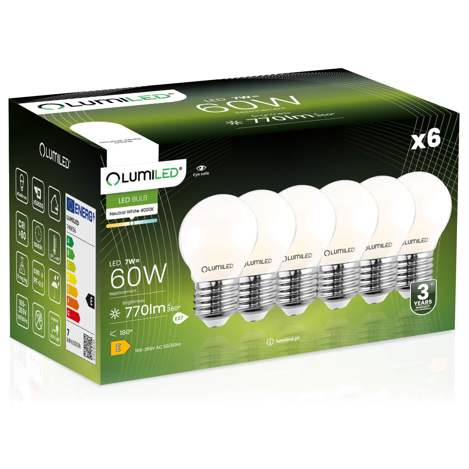 6x Żarówka Lumiled LED E27 Kulka P45 7W = 60W 806lm 4000K Neutralna 360st Filament
