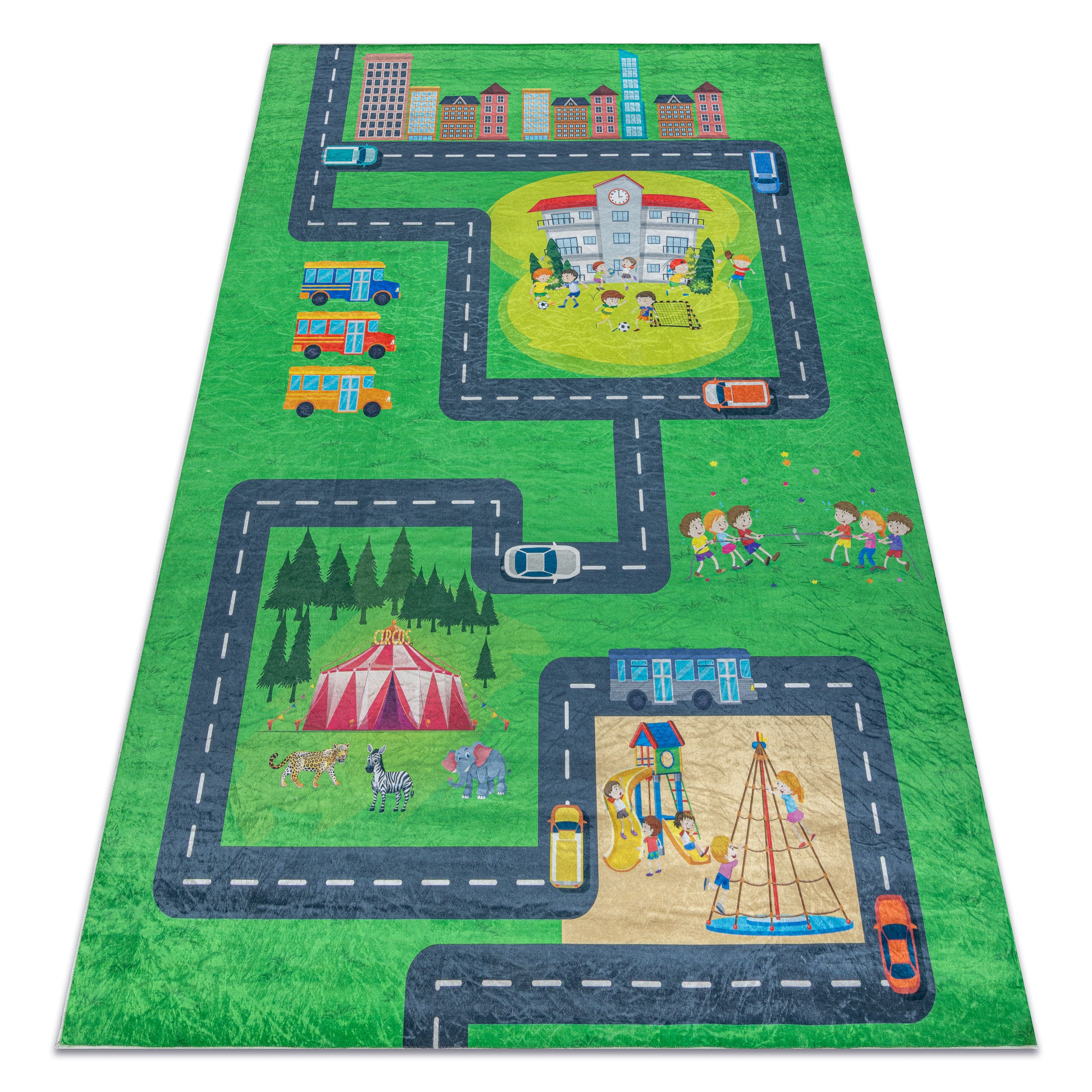 Dywan do prania BAMBINO 2660 Miasto, ulice, uliczki dla dzieci, antypoślizgowy - zielony / szary 160x220 cm