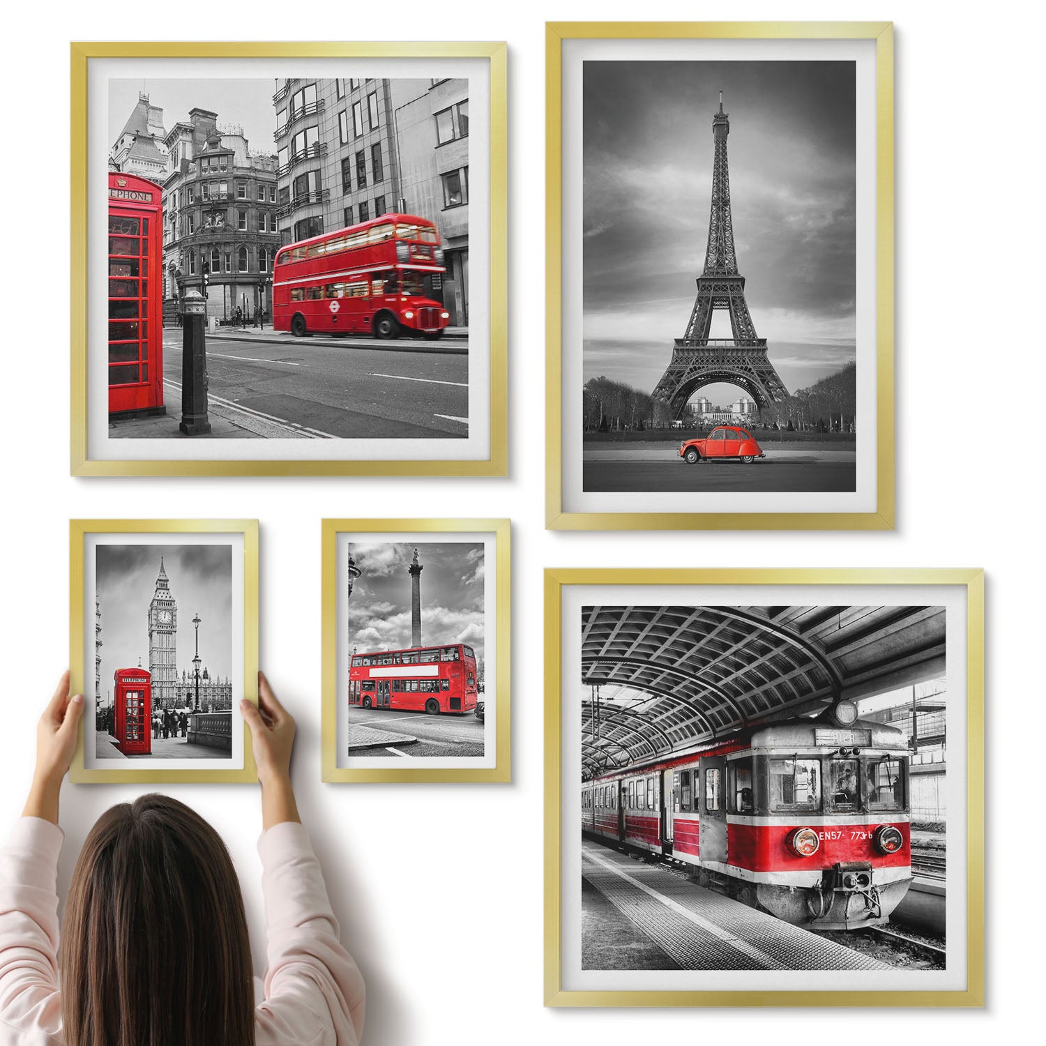 Galeria ścienna 5-częściowy komplet obrazów w złotych ramach - Stylowe miejskie widoki z ikonami Londynu i Paryża - ArtPrintCave