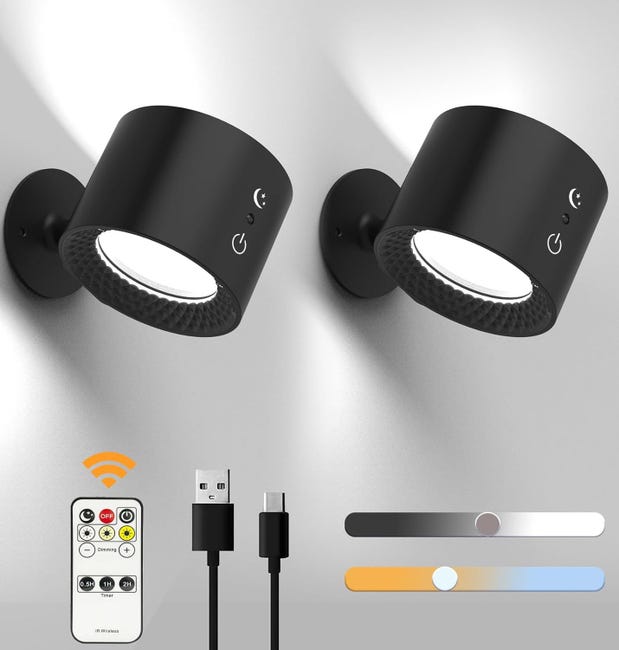 Zestaw 2 lamp ściennych do użytku wewnętrznego, lampy ścienne LED z akumulatorem, z dotykowym pilotem, 3 poziomy jasności, 3 temperatury barwowe