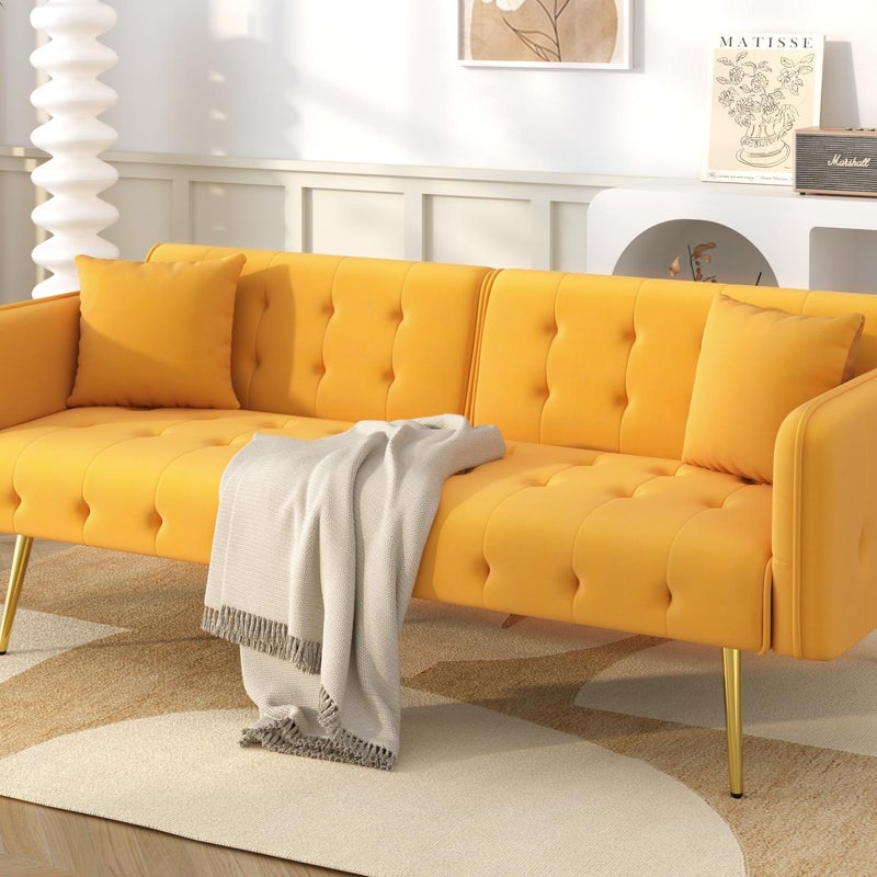 Wielofunkcyjna sofa 2-osobowa - Regulowane oparcie - Regulowane podłokietniki - Aksamit - Żółta