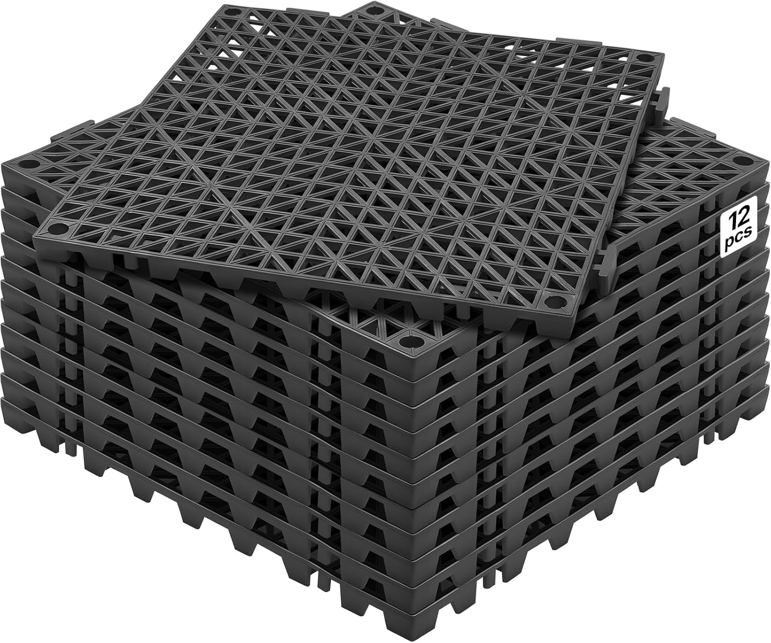 Zestaw 12 płytek ogrodowych/basenowych 30x30x1,5 cm, czarne, perforowane płytki PCV z systemem szybkiego drenażu, do stosowania wewnątrz i na zewnątrz