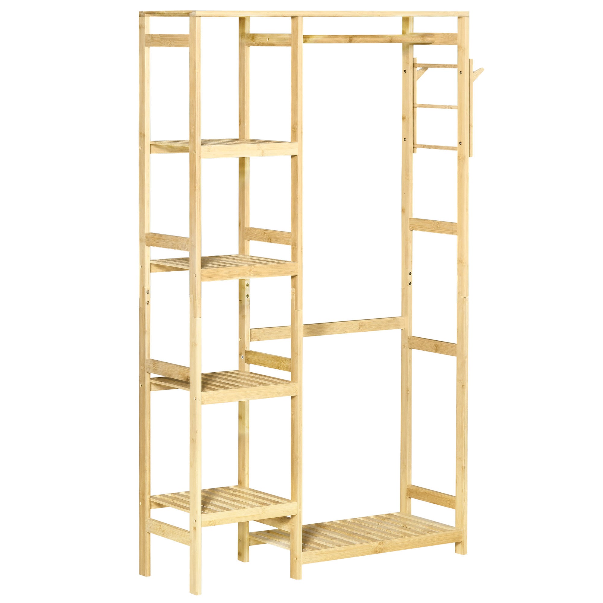 Stojak na ubrania z bambusa, wolnostojący z 4-poziomową półką, dolną półką i bocznym wieszakiem na ubrania i torby, do sypialni, 90x30x155 cm, natural