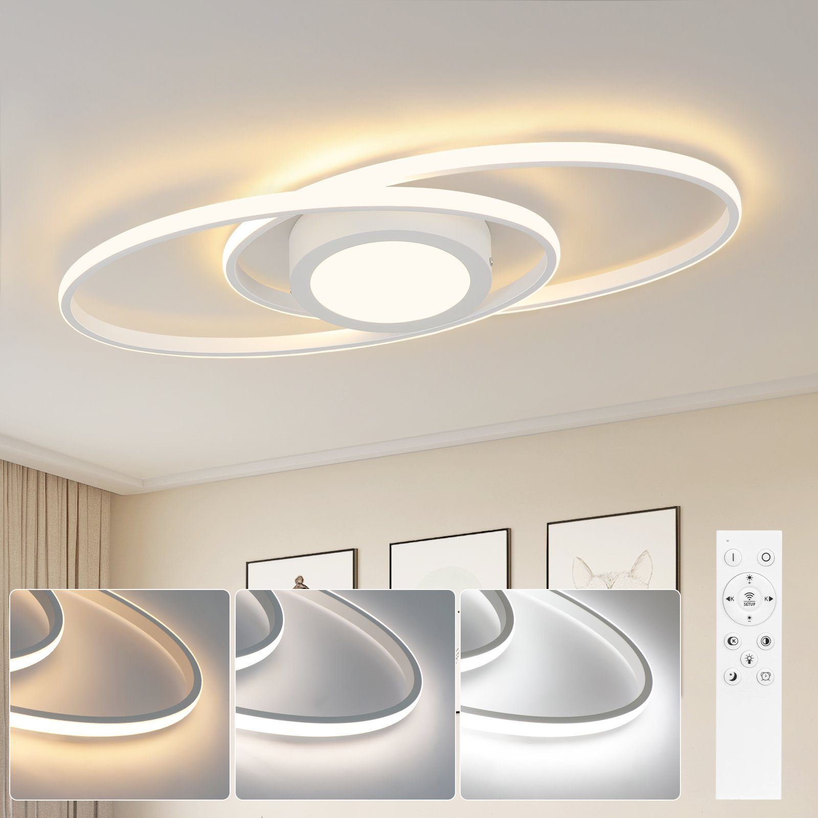 NETTLIFE 48W Owalna lampa sufitowa LED, ściemniana, biała z pilotem, 3000K - 6500K Nowoczesna do sypialni, pokoju dziecięcego, biura