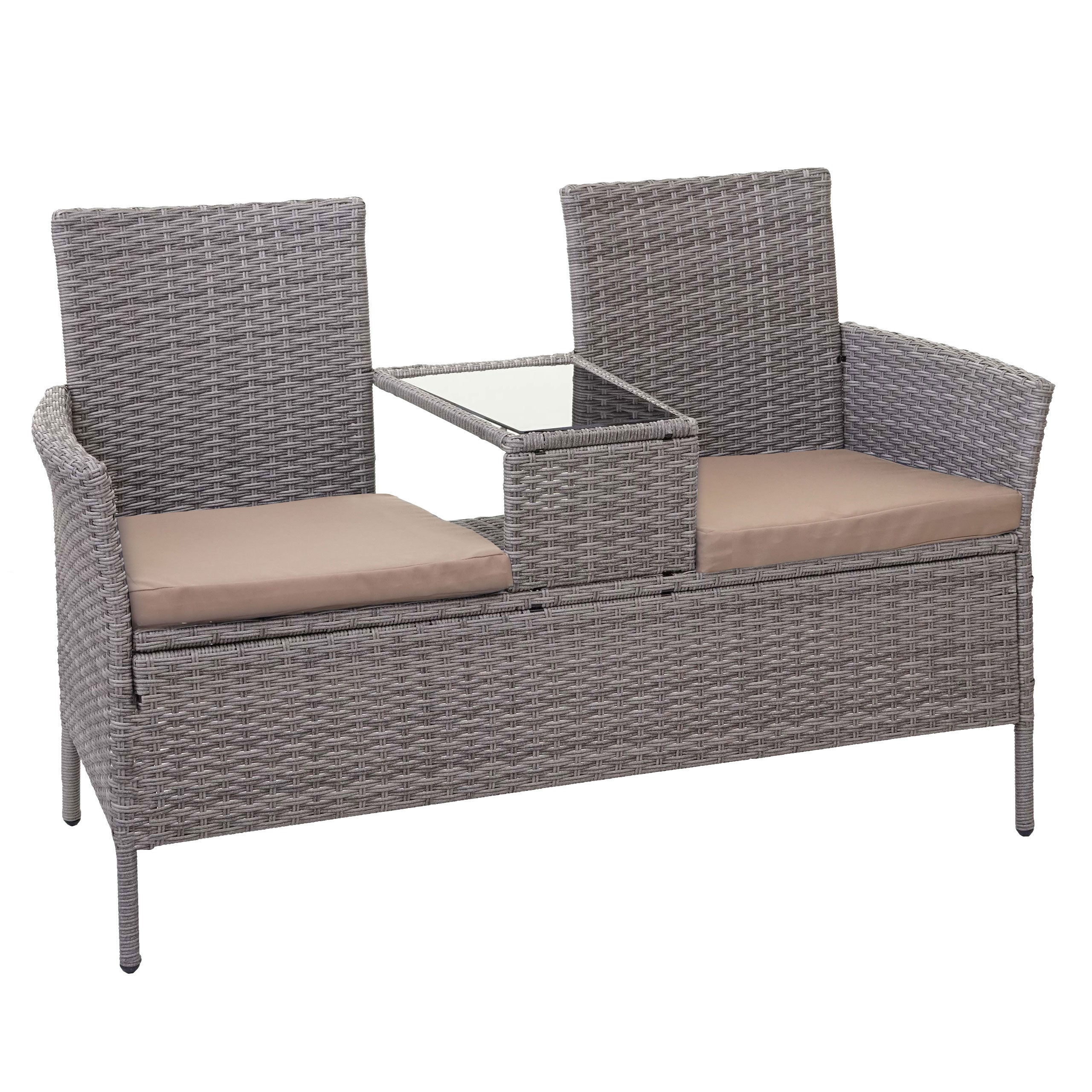 Ławka z polyratanu ze stolikiem HWC-E24, zestaw ogrodowy, sofa ogrodowa, 132 cm ~ szara, poduszki w kolorze kremowym