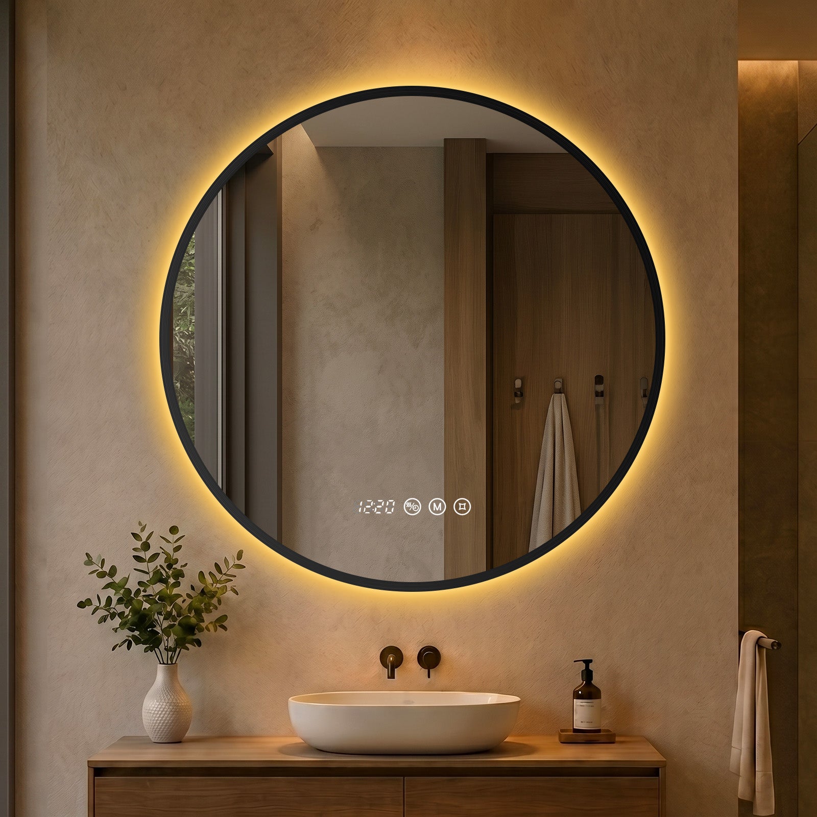 Lustro łazienkowe LED okrągłe 80 cm z czarną ramą, lustro podświetlane z funkcją przeciwmgielną, 3 barwy światła, zegar, temperatura, pamięć
