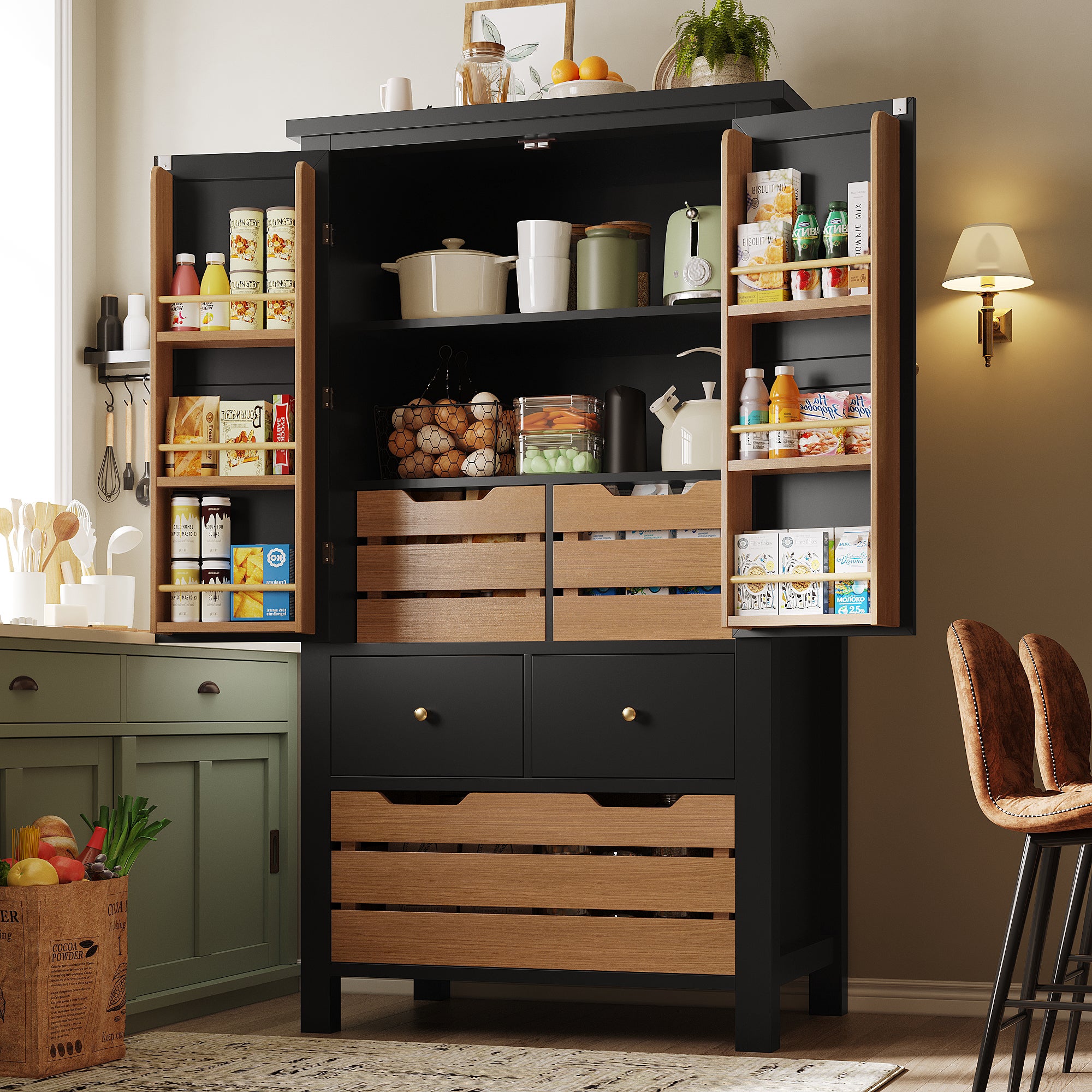 Kredens kuchenny z 2 drzwiami, 2 szufladami i 3 koszami do przechowywania - 80 x 40 x 140 cm - MDF - Czarny