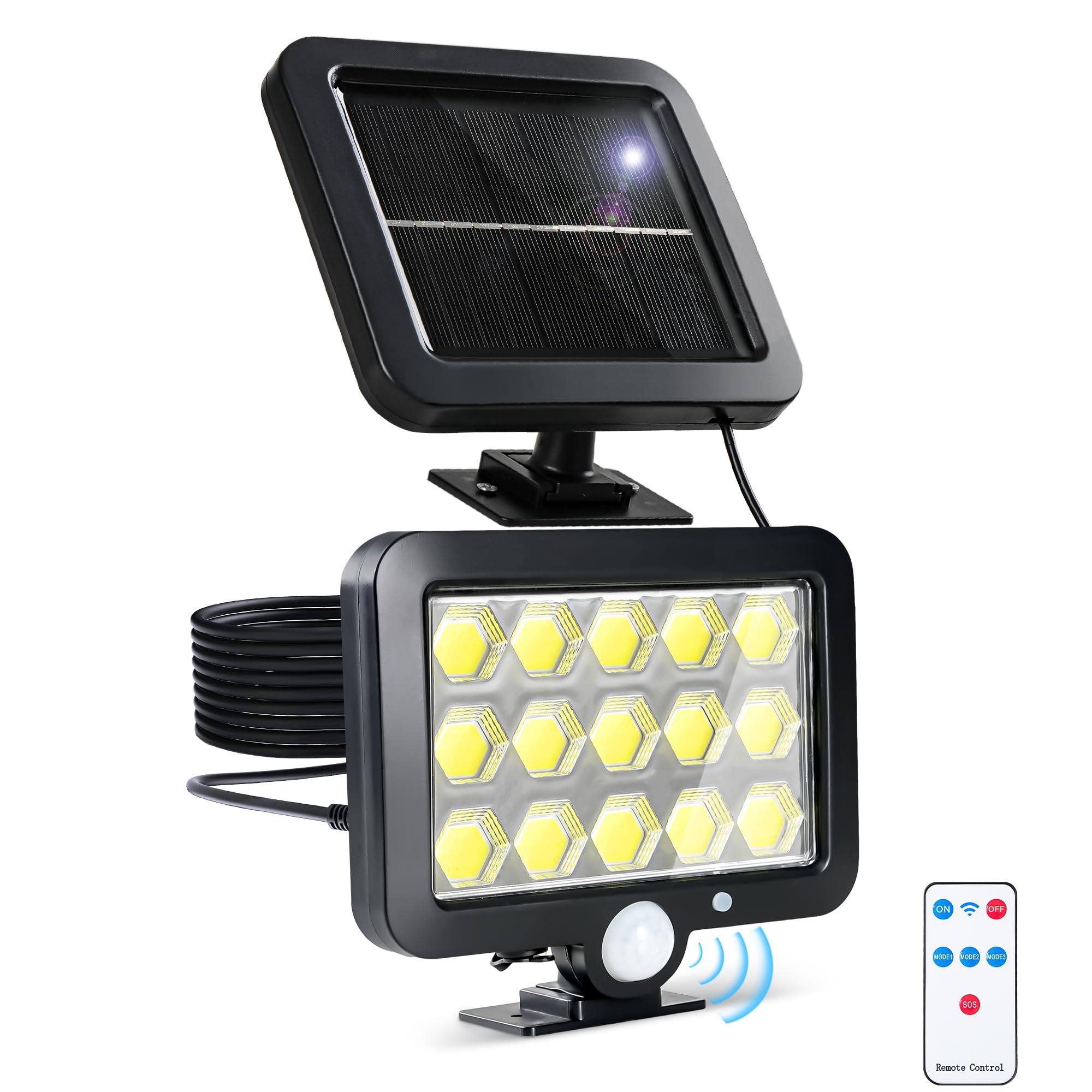 Lampa solarna z pilotem, czujnikiem ruchu, szczelność IP65, 3 tryby, białe światło 6000 K, idealna do garażu lub podwórka.