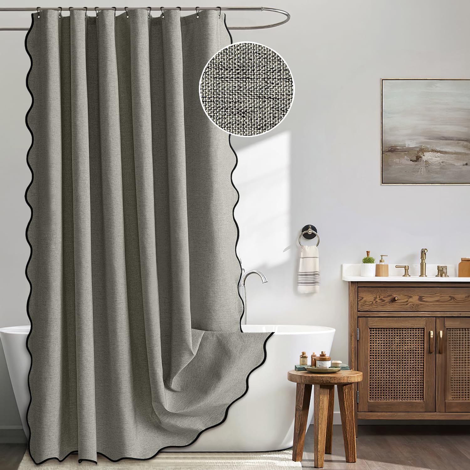Zasłona prysznicowa w kształcie wachlarza, imitacja lnu, z metalowymi haczykami. Wymiary: 200 x 240 cm (szerokość x wysokość) - szary.