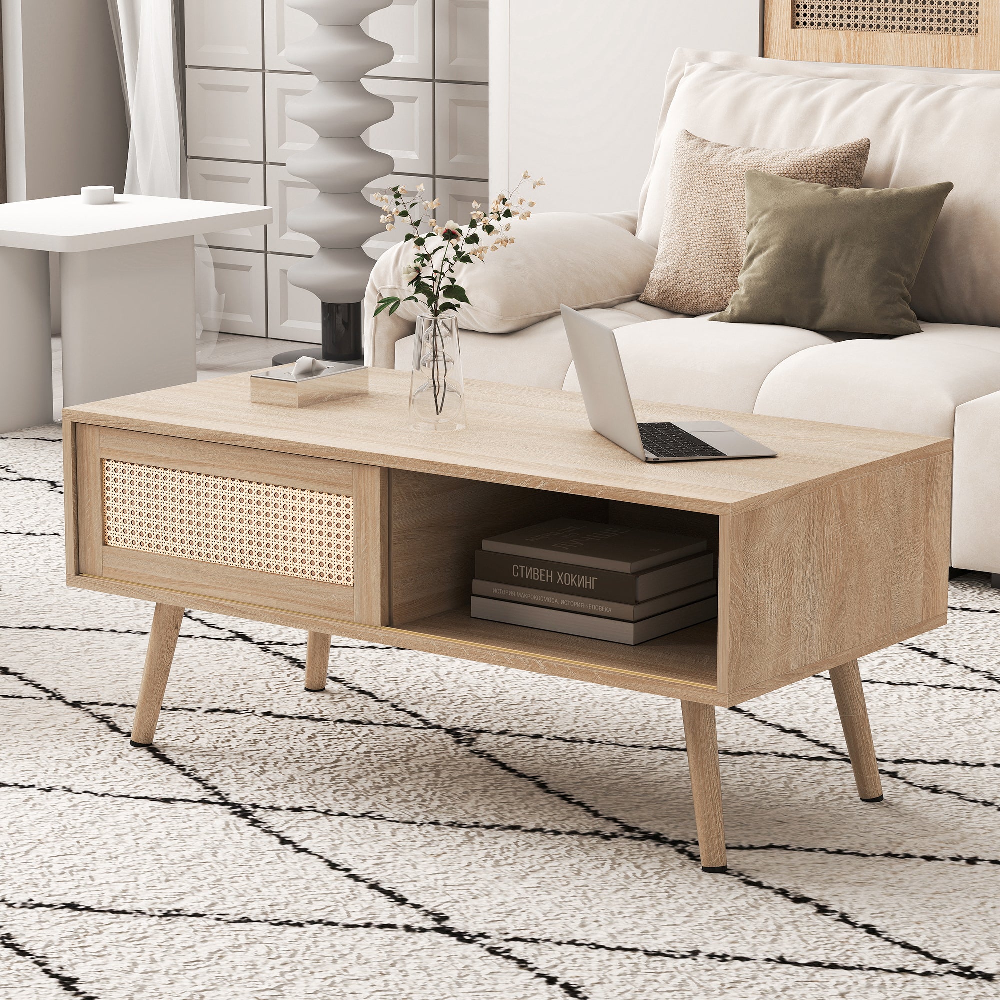 Stolik kawowy z wikliny, stolik do herbaty z przesuwanymi drzwiami, nogi z litego drewna, nowoczesny stół do salonu,40/szer. 1050/gł. 55 cm