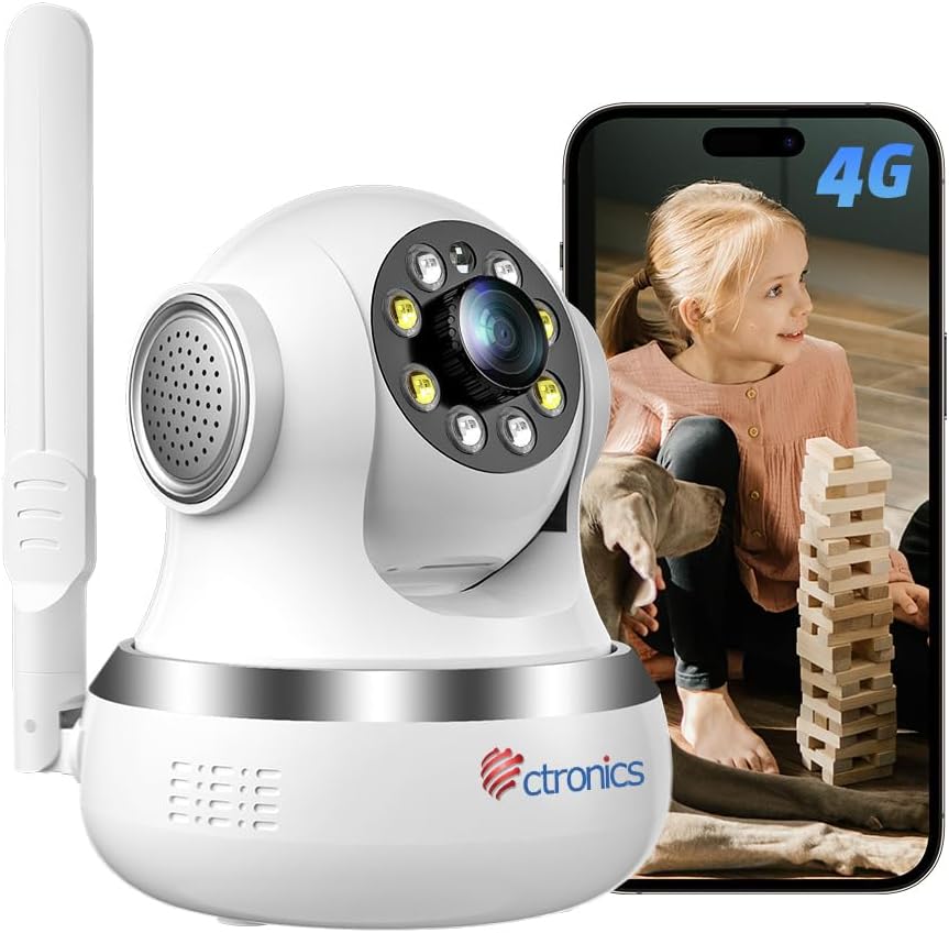 Ctronics kamera 4G wewnętrzna, automatyczne śledzenie, 8 presetów, kolorowa noktowizja 20 m, aplikacja i PC, FTP/chmura
