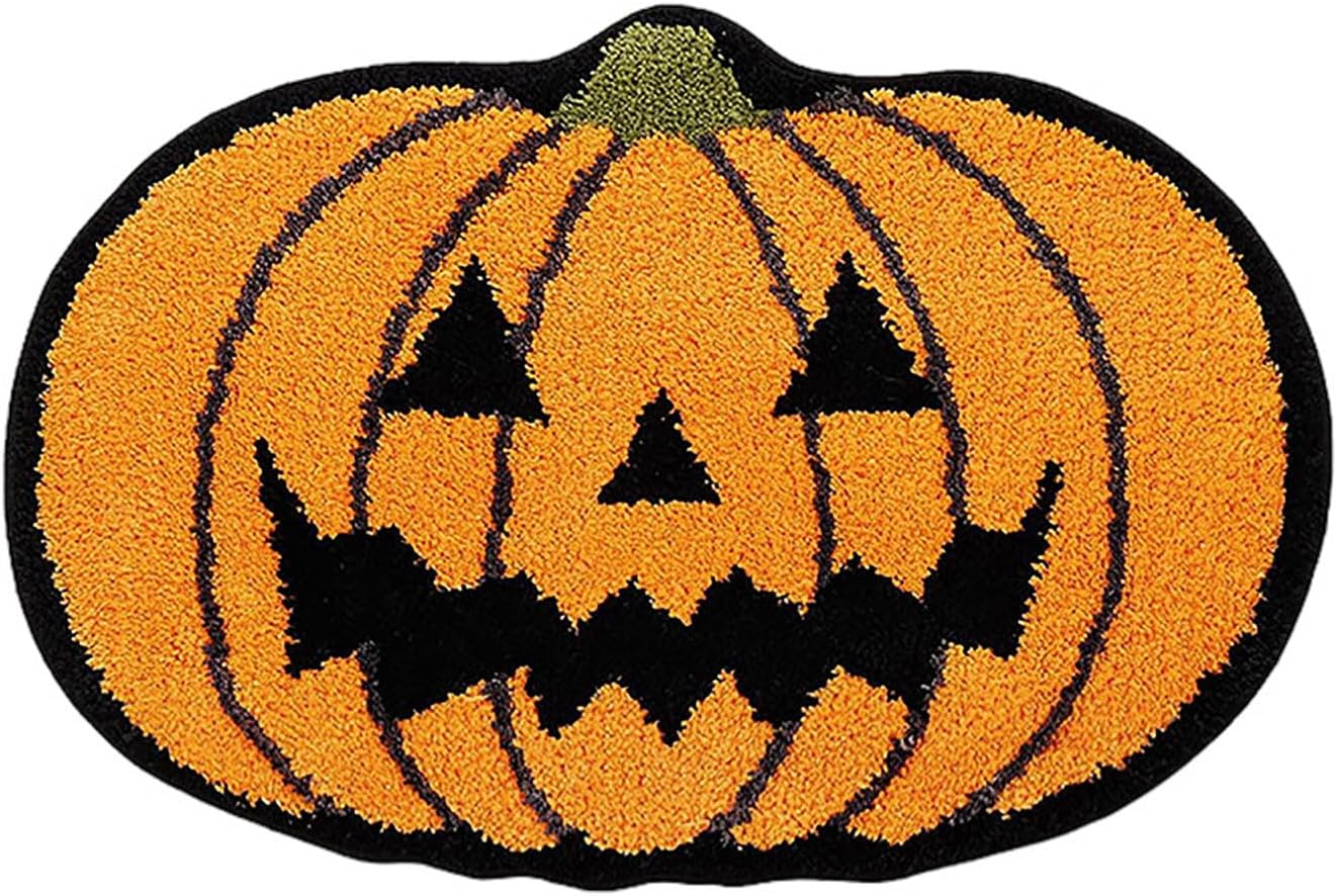 Dywanik łazienkowy na Halloween z pomarańczową dynią i złowrogimi czerwonymi ustami - Antypoślizgowy - Uroczy - Okrągły - Chłonny - Do wanny