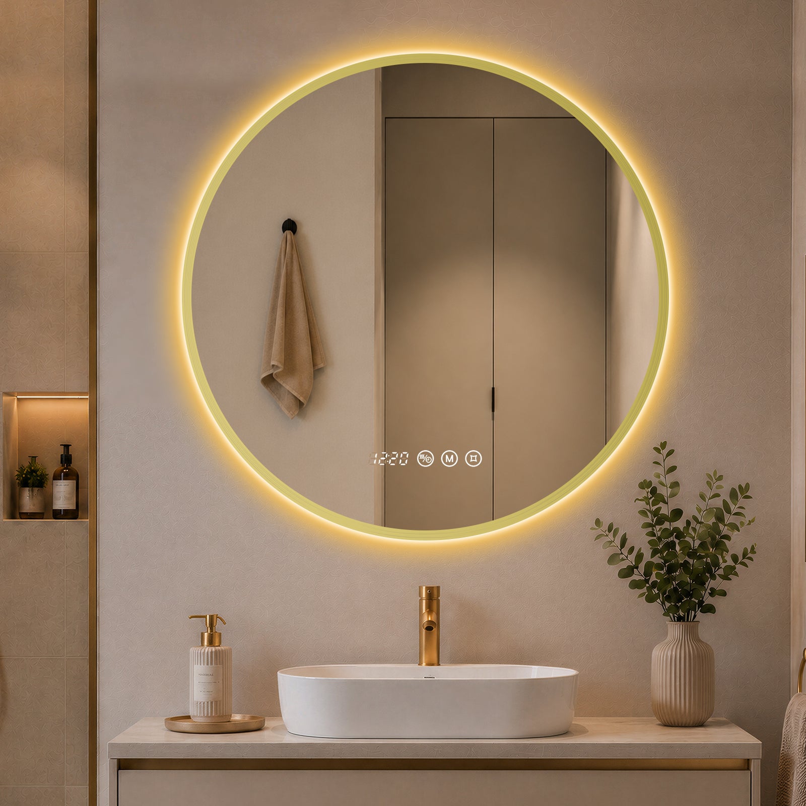 Lustro łazienkowe LED okrągłe 70 cm z złota ramą, lustro podświetlane z funkcją przeciwmgielną, 3 barwy światła, zegar, temperatura, pamięć