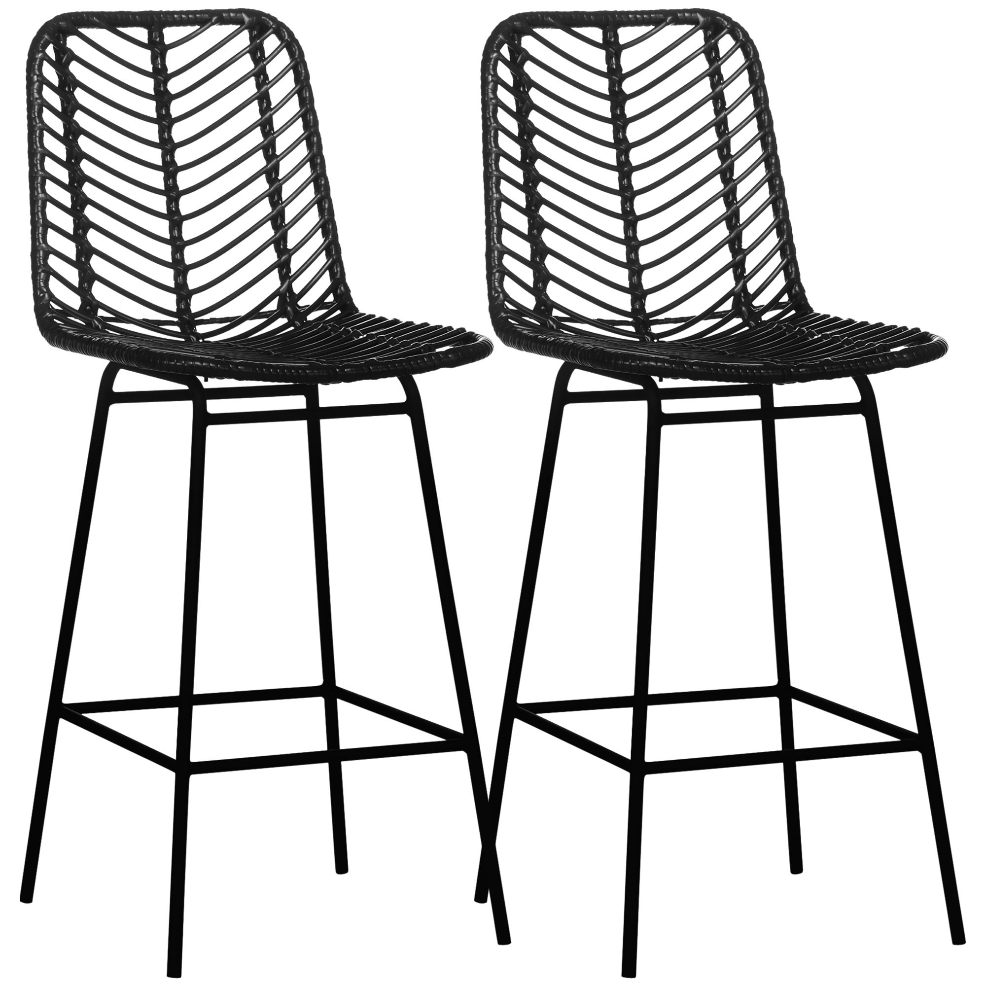 Zestaw 2 hokerów barowych w stylu boho, wys. 66 cm, z metalowymi i rattanowymi podnóżkami - czarny