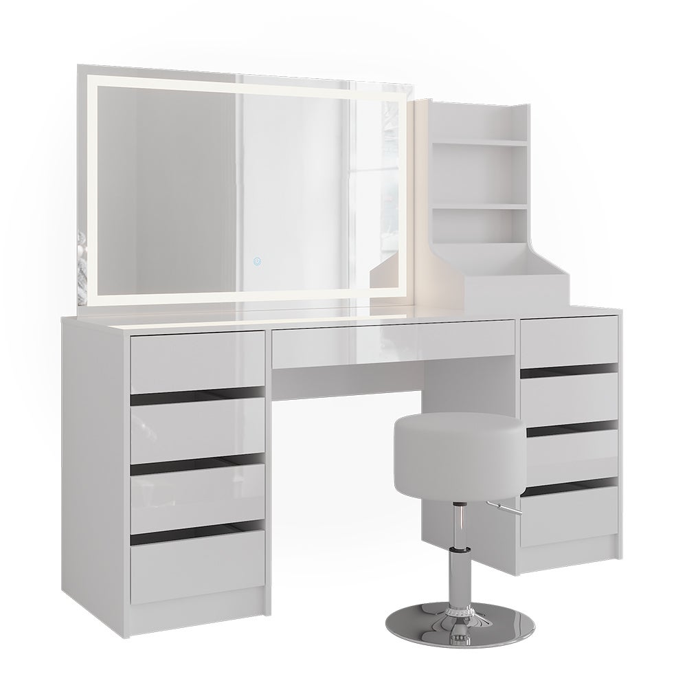 Vicco Stół do toalety Sherry, Biały/Biały wysoki połysk, 158.2 cm z lustrem LED i stołkiem