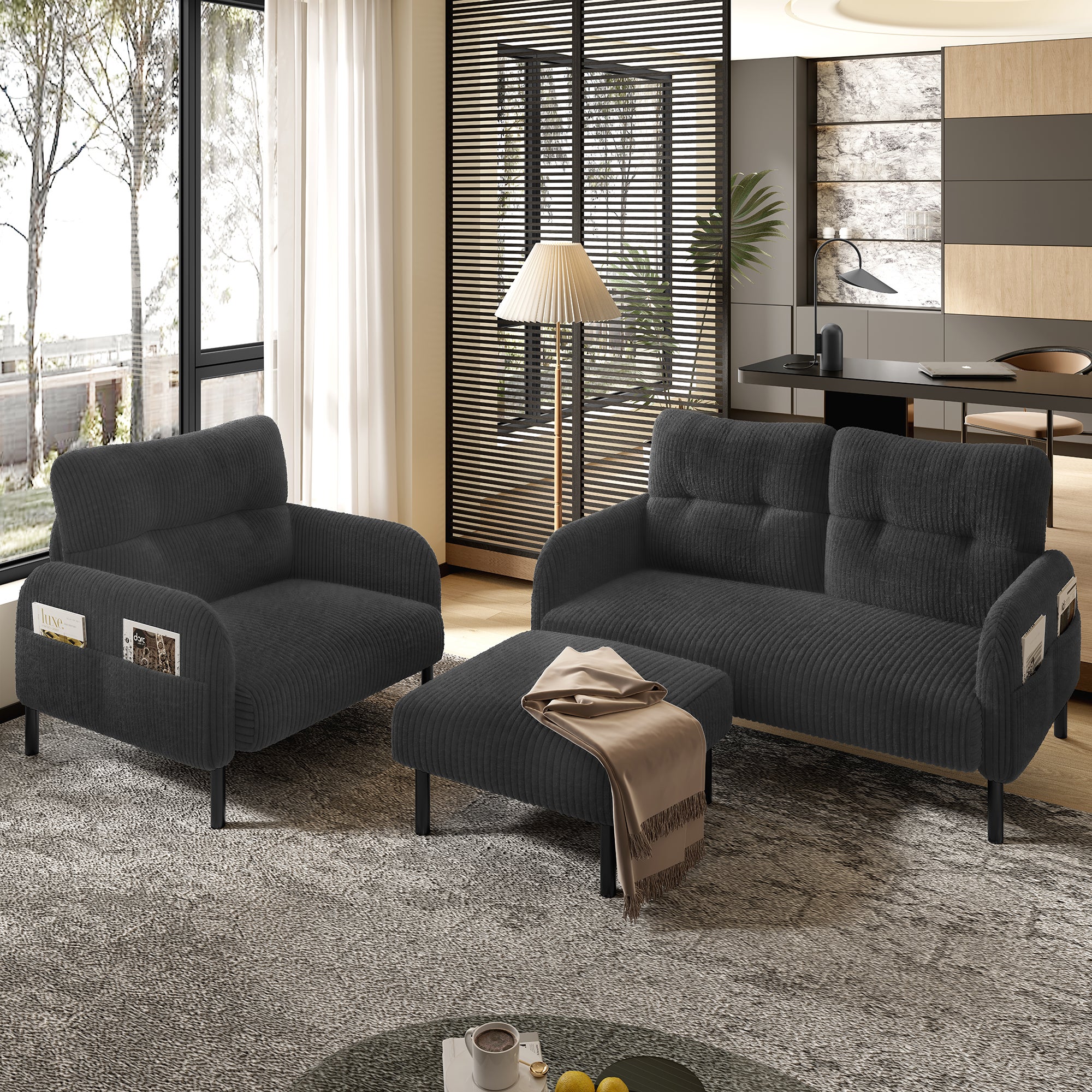 Zestaw Sofy Sztruks 3 Części Szary, Sofa 2-Osobowa + Fotel + Pufa, Modułowy z Kieszenią Boczną do Salonu