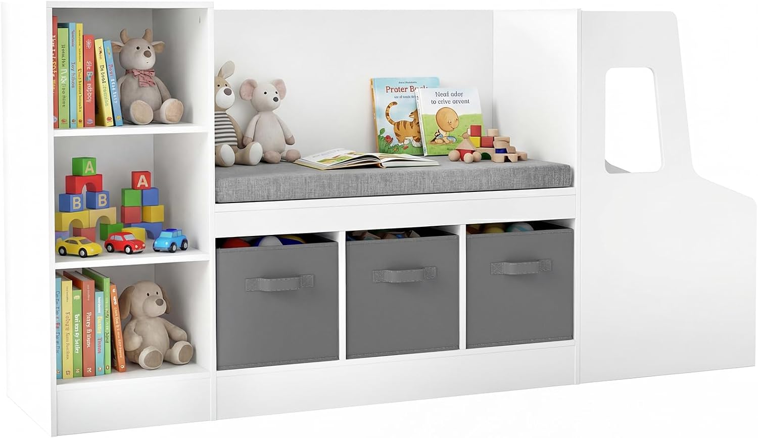 Dziecięcy regał na książki w stylu Montessori kształcie samochodu, z siedziskiem i poduszką, 6 otwartymi przegrodami 3 materiałowymi szufladami(biały)