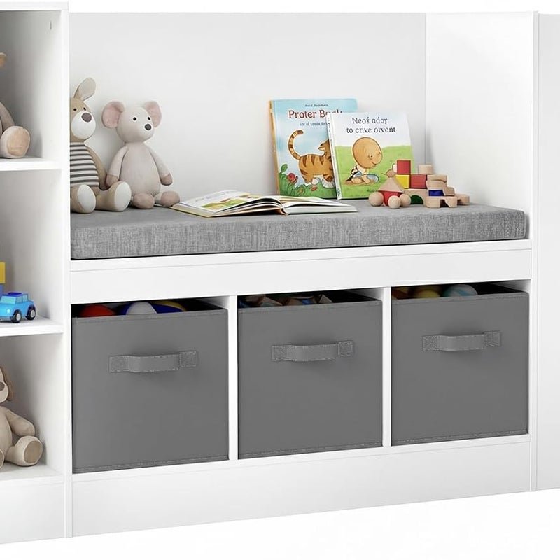 Dziecięcy regał na książki w stylu Montessori kształcie samochodu, z siedziskiem i poduszką, 6 otwartymi przegrodami 3 materiałowymi szufladami(biały)