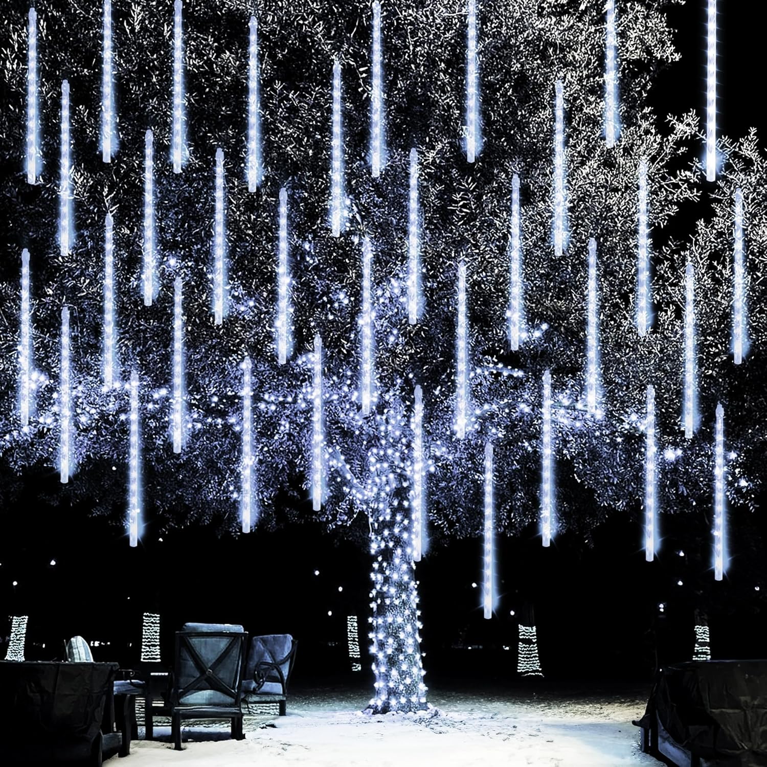 Zewnętrzne lampki choinkowe, 288 LED, deszcz meteorytów, dekoracje bożonarodzeniowe, lampki choinkowe, białe (8 rurek - 50 cm)