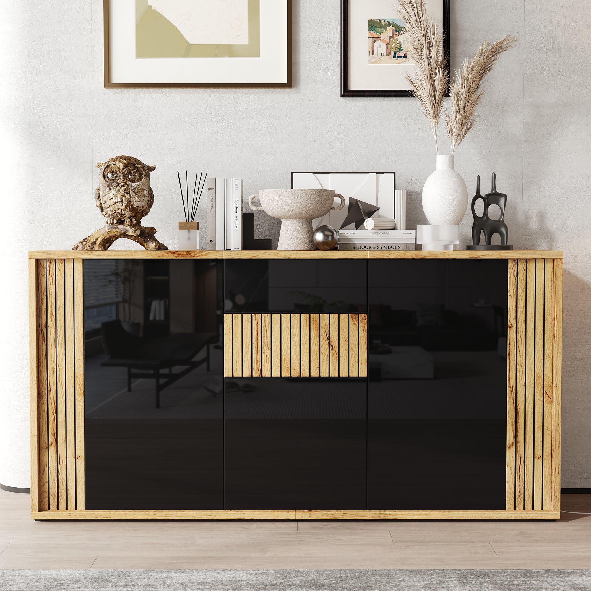 Nowoczesny bufet 140x35x71 cm - 3 drzwi i 6 schowków - Motyw fali - Wykończenie błyszczące - MDF - Czarny + Naturalny