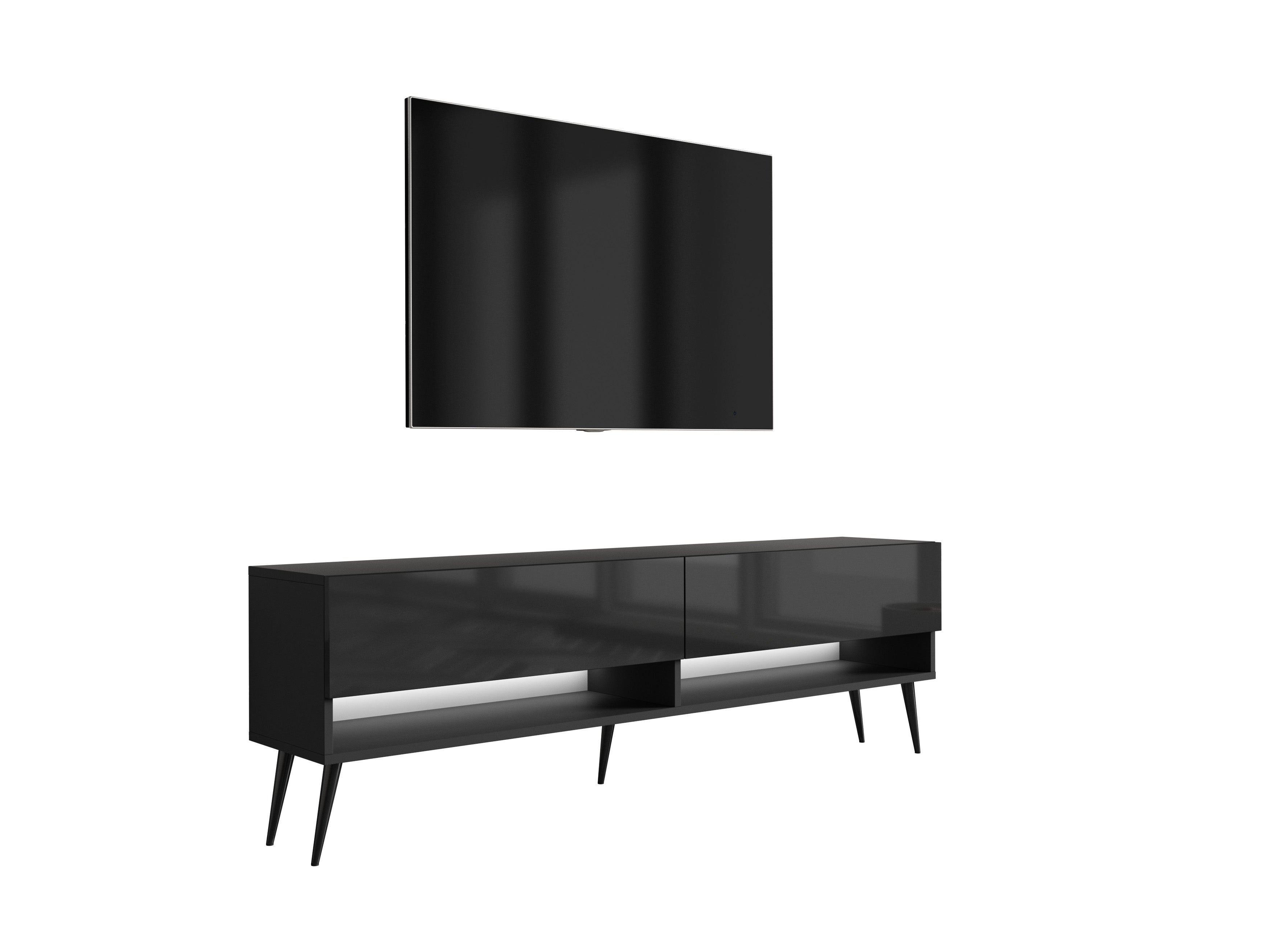 Szafka pod telewizor 170 cm Czarny Mat / Czarny Połysk, nóżki pochyłe czarne, LED biały, 170 × 32 × 52 cm