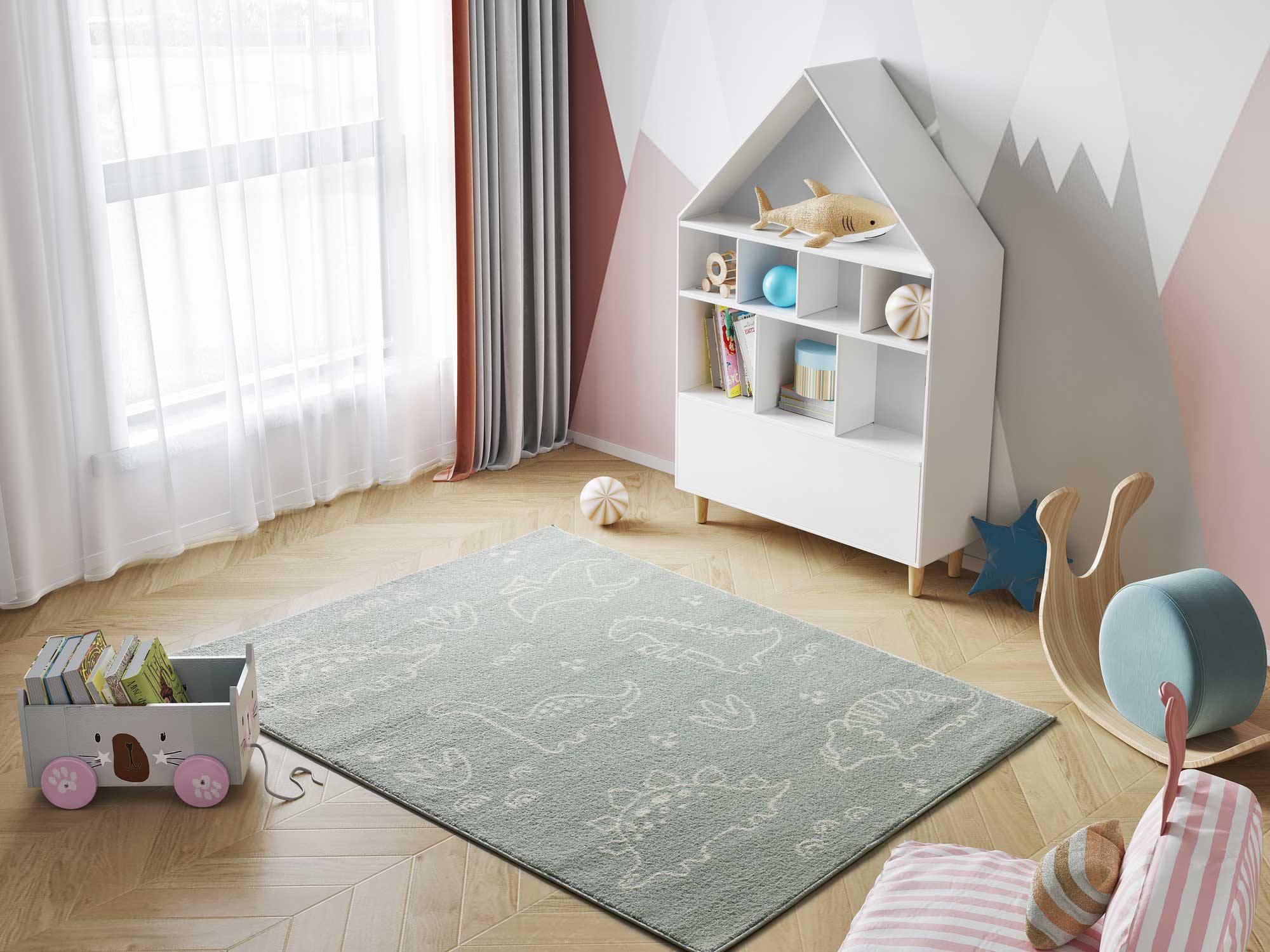 Prostokątny zielony dywan 120 x 170 cm BEATS kids dinosaurs - ATTICGO