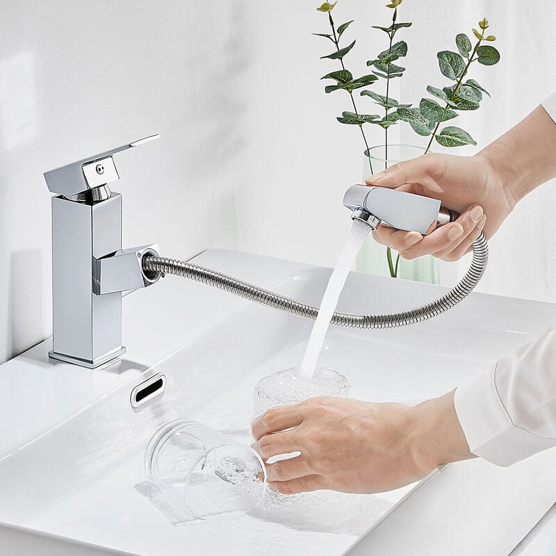 Bateria umywalkowa z wyciąganą natryską w kolorze chrom - nowoczesny kran do łazienki, umywalki i WC - łatwy montaż i elegancki design
