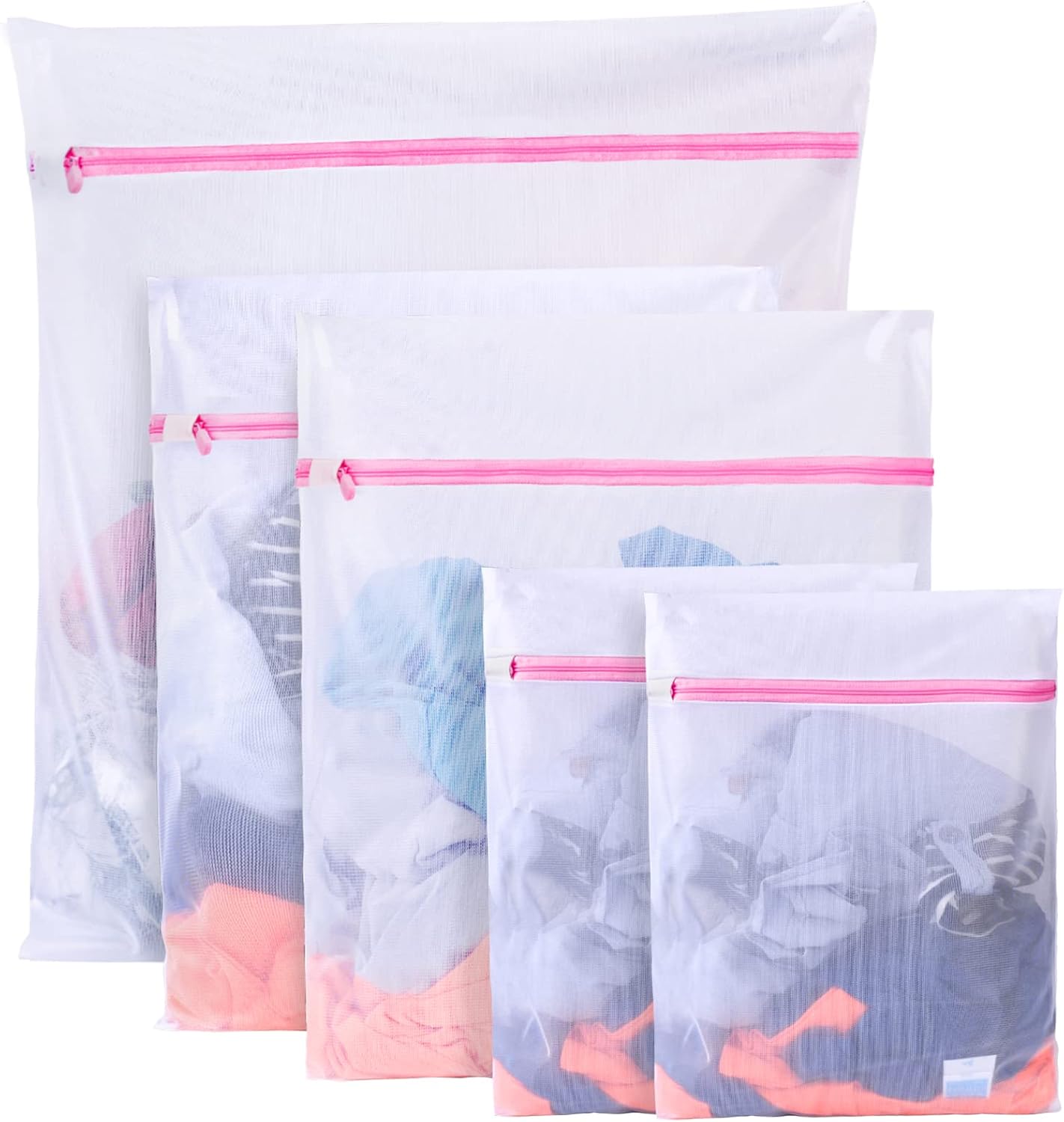 Zestaw 5 worków na pranie do pralki (1XL+2L+2M): Siatka na bieliznę, bluzki, skarpetki, bieliznę damską.