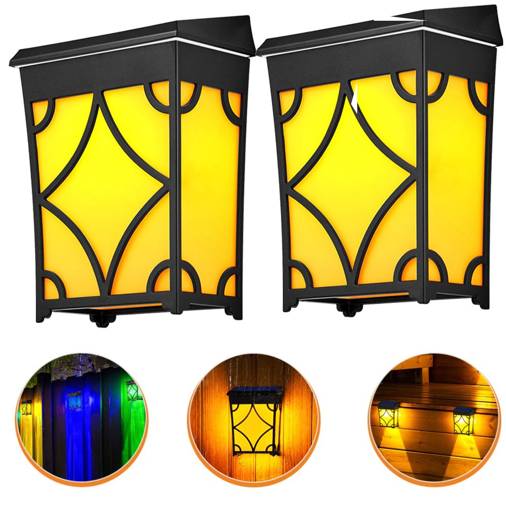 2 lampy solarne zewnętrzne | Lampy solarne wodoodporne | Oświetlenie dekoracyjne, oświetlenie ogrodzenia, do tarasu, dziedzińca, światło ciepłe + RGB