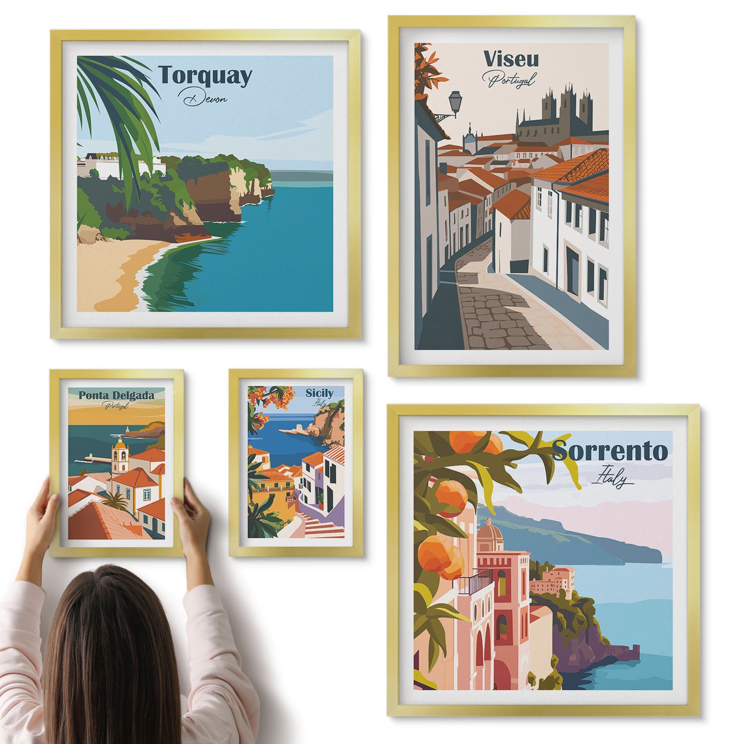 Galeria ścienna 5-częściowy komplet obrazów w złotych ramach - Europejskie miasteczka widoki na malownicze uliczki - ArtPrintCave