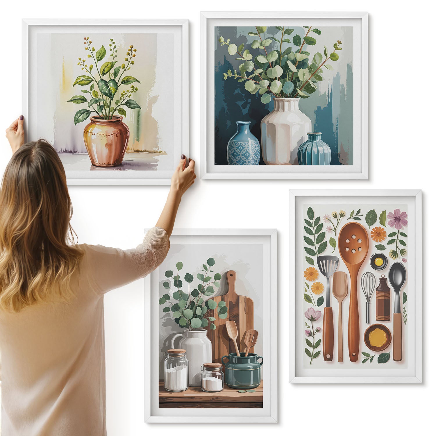 Galeria ścienna 4-częściowy komplet obrazów w białych ramach - Kuchenne akcesoria z roślinami w stylu nowoczesnym - ArtPrintCave
