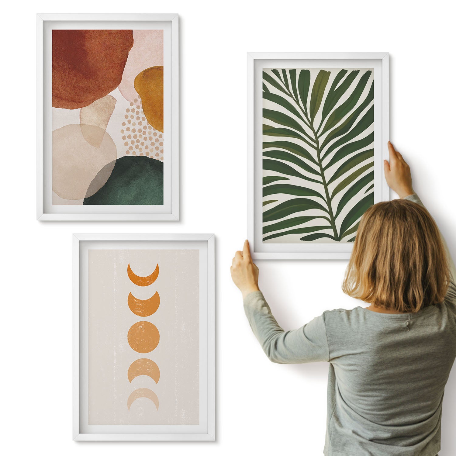 Galeria ścienna 3-częściowy komplet obrazów w białych ramach - Abstrakcyjne kształty w ciepłych kolorach i liście - ArtPrintCave