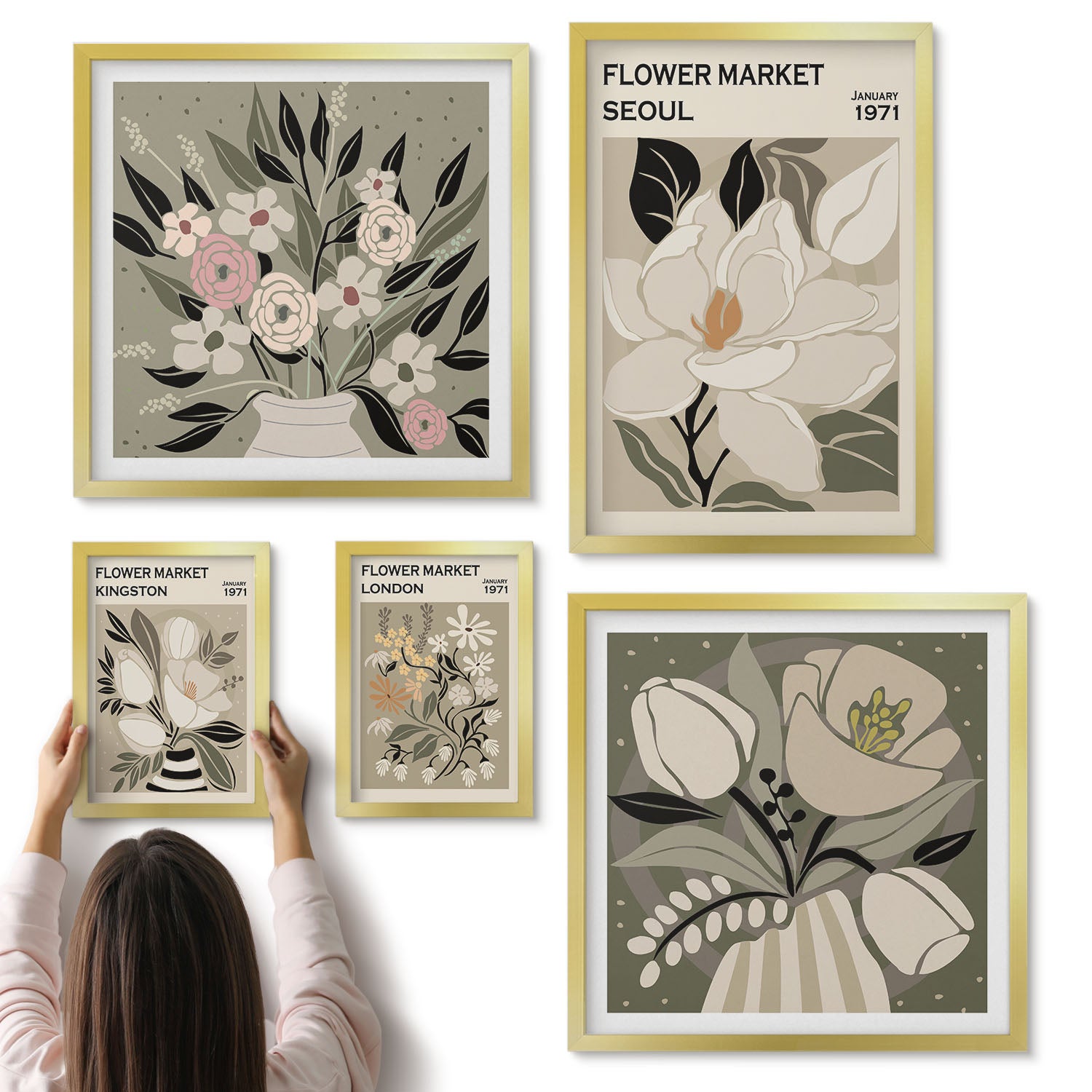 Galeria ścienna 5-częściowy komplet obrazów w złotych ramach - Kwiatowe motywy z rynków w Londynie i Seulu - ArtPrintCave