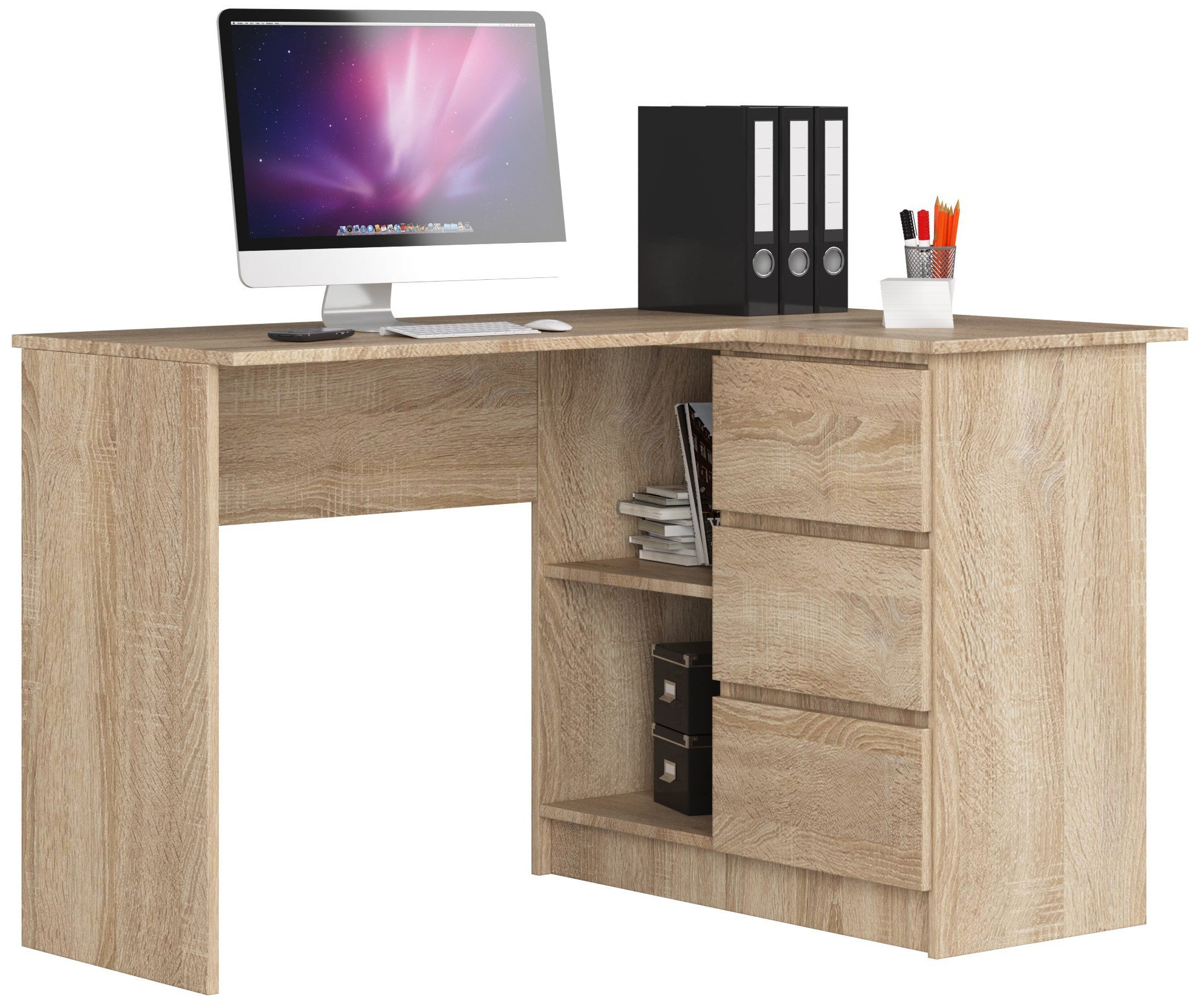 Biurko narożne AKORD B16 Dąb Sonoma 124 cm prawe 3 szuflady kolor Dąb Sonoma mat 2 półki 124x85x77 cm