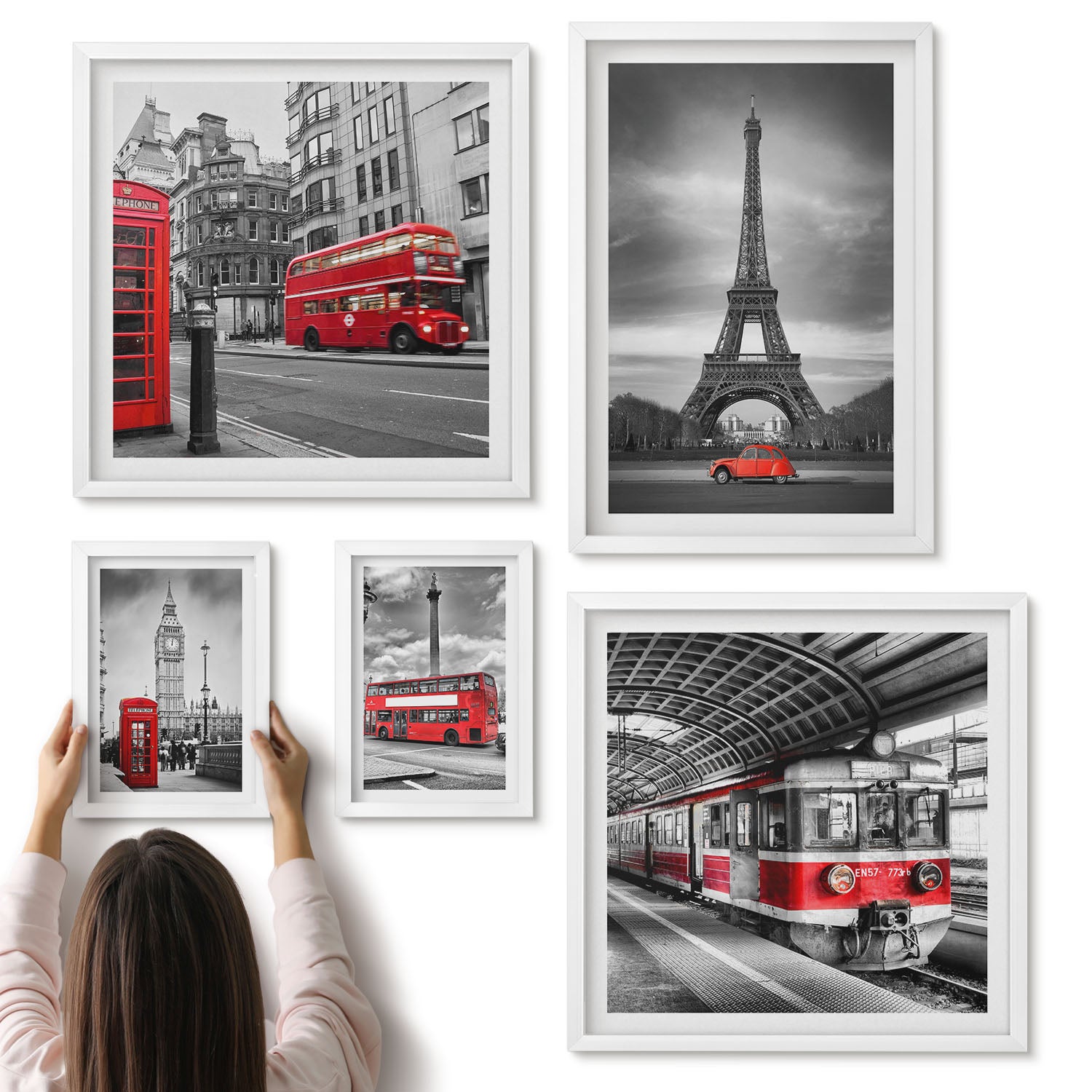 Galeria ścienna 5-częściowy komplet obrazów w białych ramach - Stylowe miejskie widoki z ikonami Londynu i Paryża - ArtPrintCave