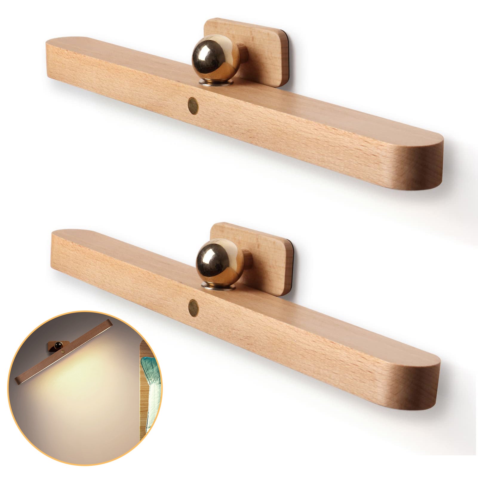 Drewniany kinkiet LED, obrotowy o 360° i magnetyczny, ładowany przez USB, ściemnialna lampka nocna LED, oświetlenie domowe, 2 sztuki