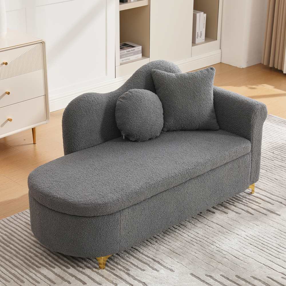 Szezlong 134 cm ze schowkiem, nowoczesny design, faliste oparcie, tkanina pluszowa, poduszki lędźwiowe i pod szyję