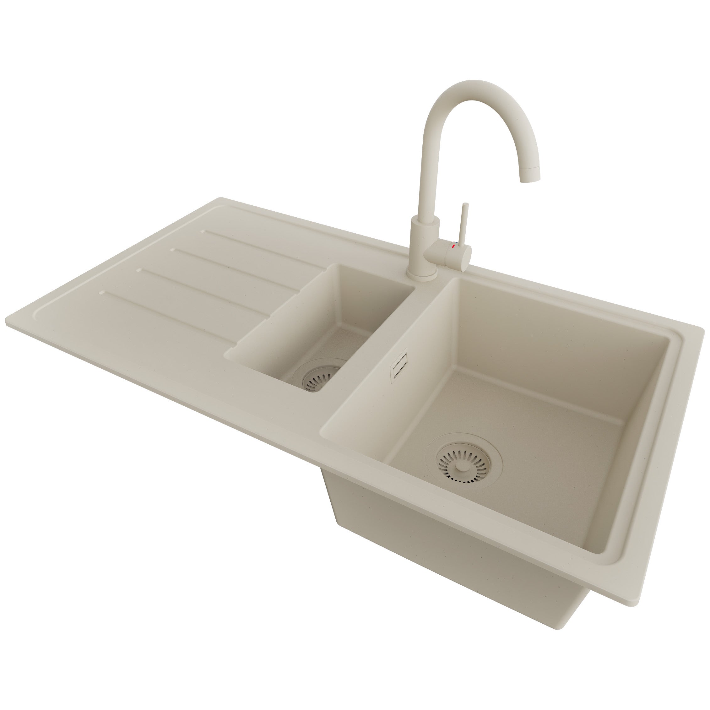 Zlewozmywak Granitowy Beżowy 90x50cm, Zlew Kuchenny 1,5 Komorowy + Bateria 32x20cm + Syfon, Nablatowy do szafki od 60cm - Kopenhaga Duo PRIMAGRAN