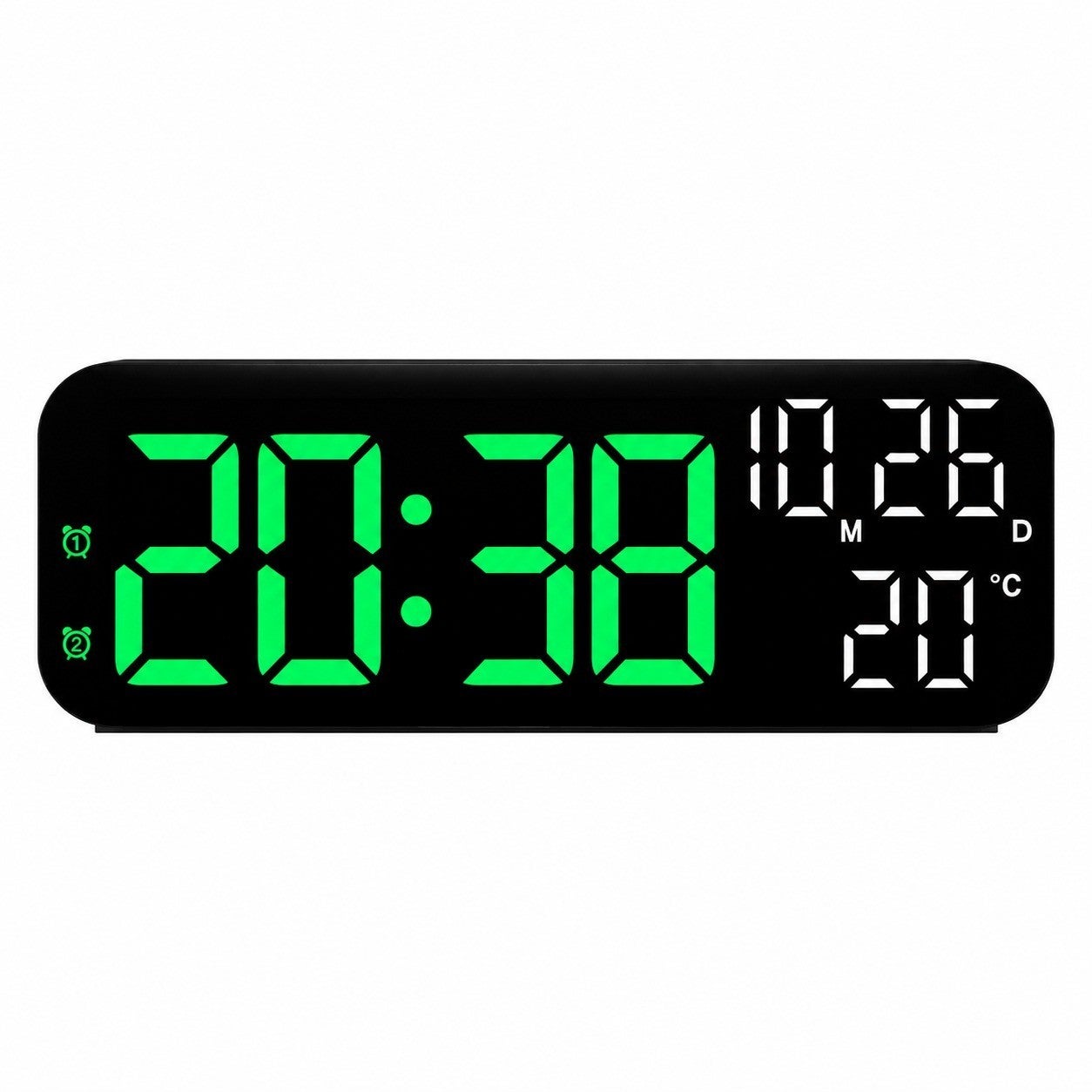 Budzik LED, 9 cali, wielofunkcyjny z termometrem i wiecznym kalendarzem, nowoczesny, prosty design, czarna obudowa, zielone światło