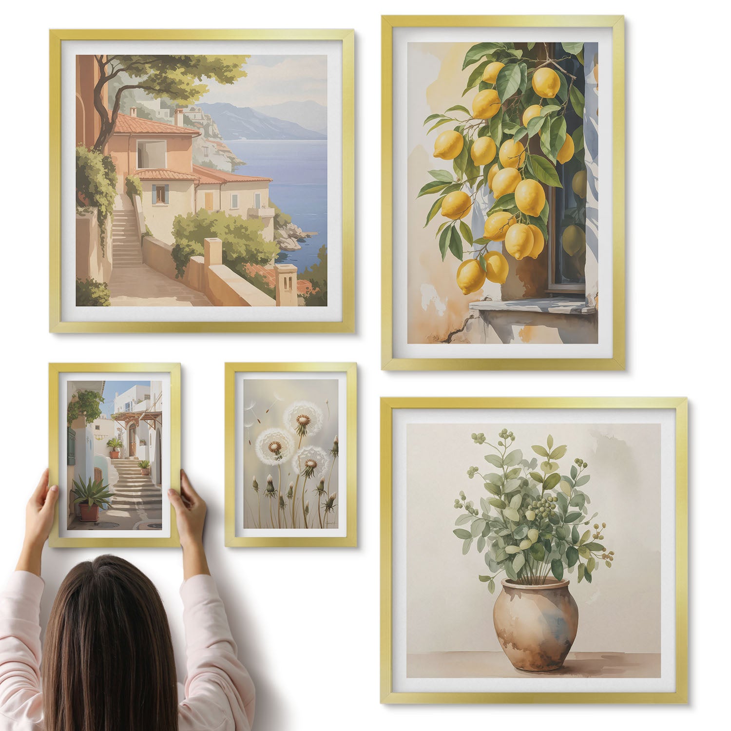 Galeria ścienna 5-częściowy komplet obrazów w złotych ramach - Cytrusowe akcenty w stylu śródziemnomorskim i roślinne motywy - ArtPrintCave