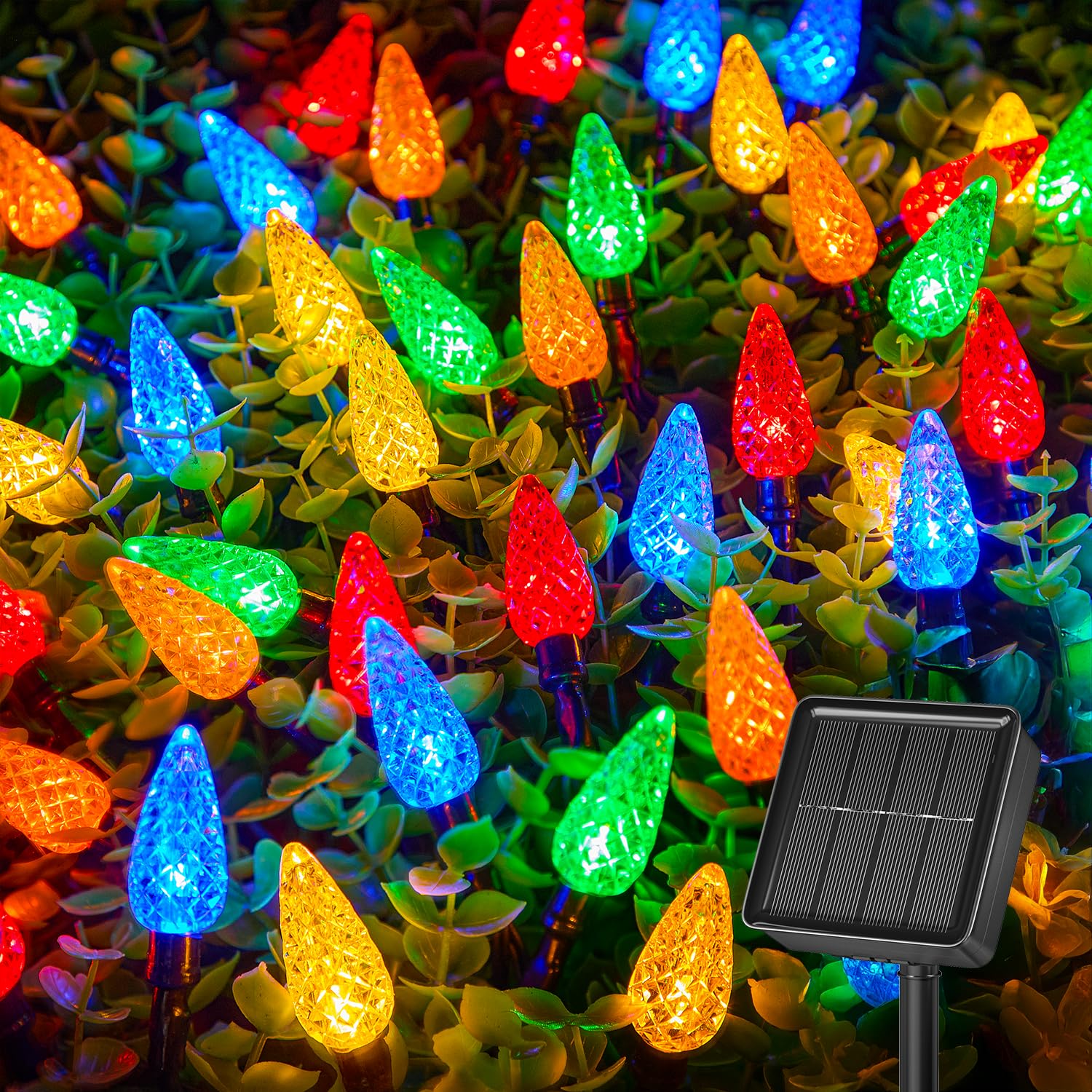 Wodoodporne solarne lampki choinkowe, 8 trybów, dekoracja choinkowa LED C6, zewnętrzne lampki sznurkowe 10 m, 100 LED, wielokolorowe