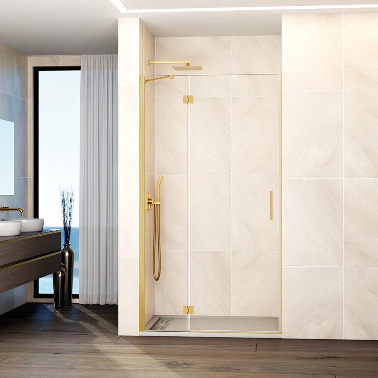 Kabina frontowa GLASS panel stały + drzwi uchylne zamknięcie magnetyczne 95 cm (92-95; 25+70) złoty
