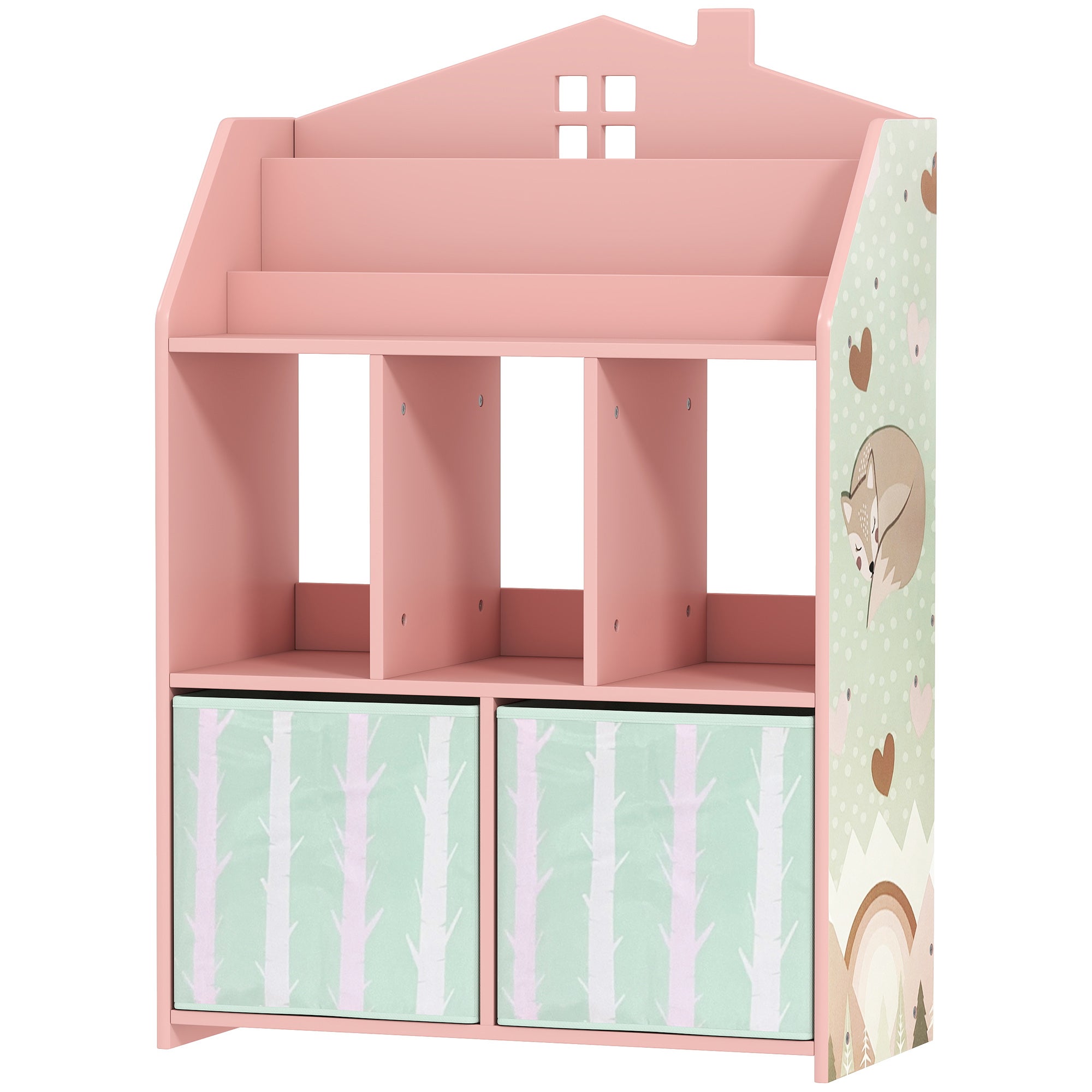 Regał dziecięcy z 2 materiałowymi szufladami, otwarta półka, dla dzieci w wieku 3-8 lat, 62,5 x 30 x 91,5 cm, różowy