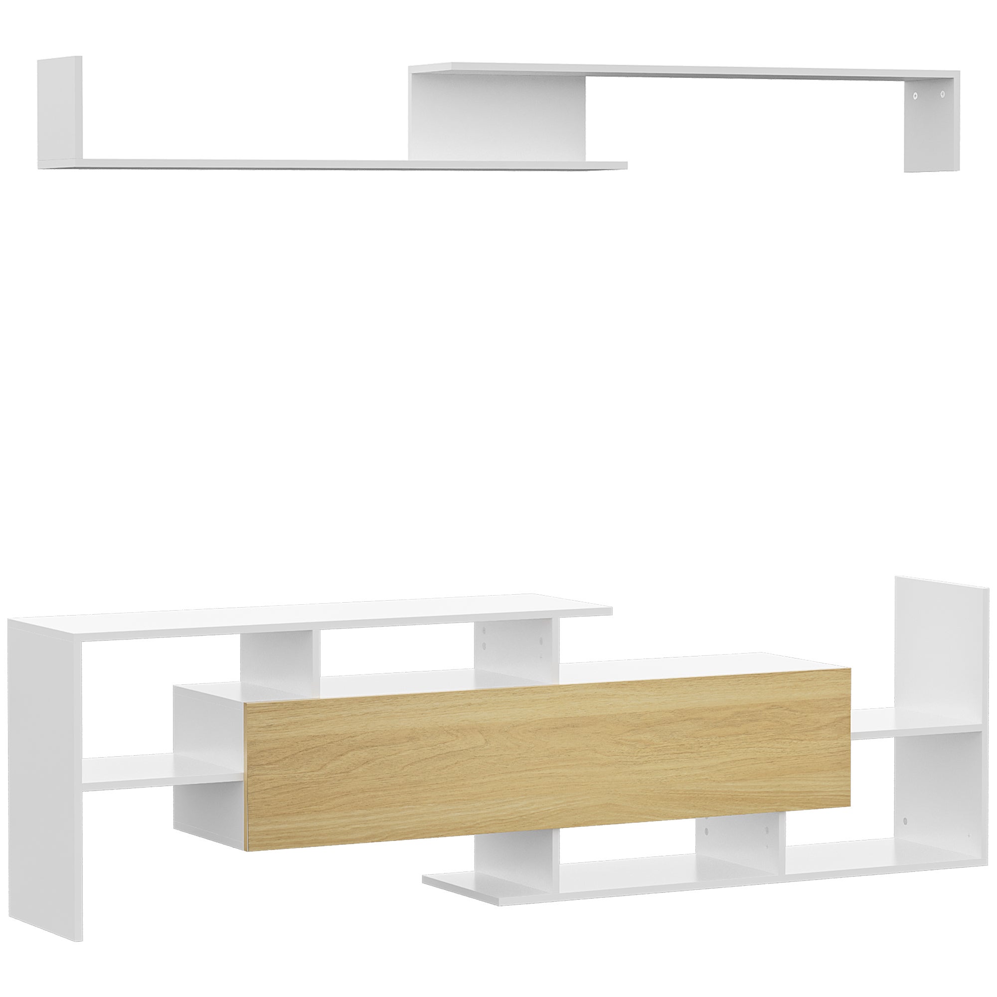 Zestaw mebli TV do salonu, szafka RTV 153,6 x 25 x 42 cm i półka ścienna 150 x 14,5 x 16,3 cm, kolor biały i naturalny