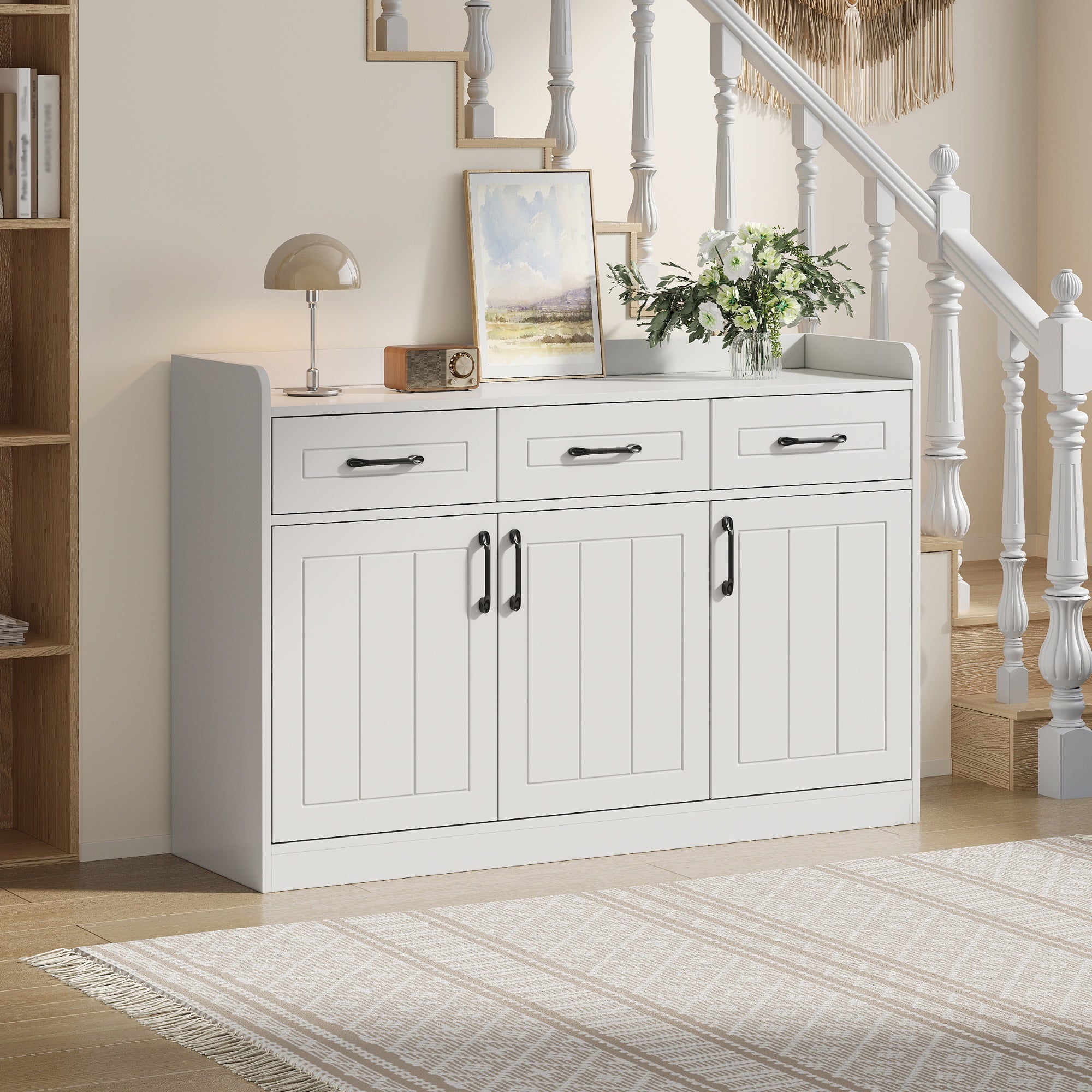 Komoda 120x35x80 cm - 3 szuflady, 3 drzwi - Regulowane uchwyty i półki - Płyta wiórowa - Kolor biały