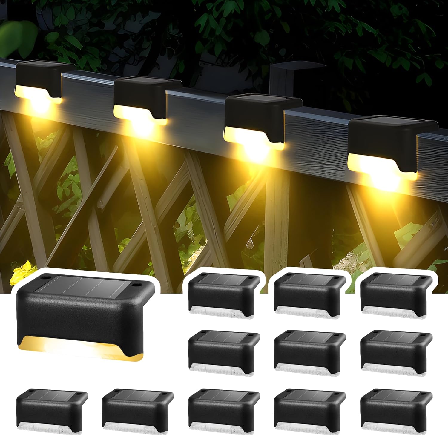 Zestaw 12 wodoodpornych lamp solarnych LED do oświetlenia schodów zewnętrznych, stopni, ogrodzeń, podwórek, tarasów (ciepłe białe światło)