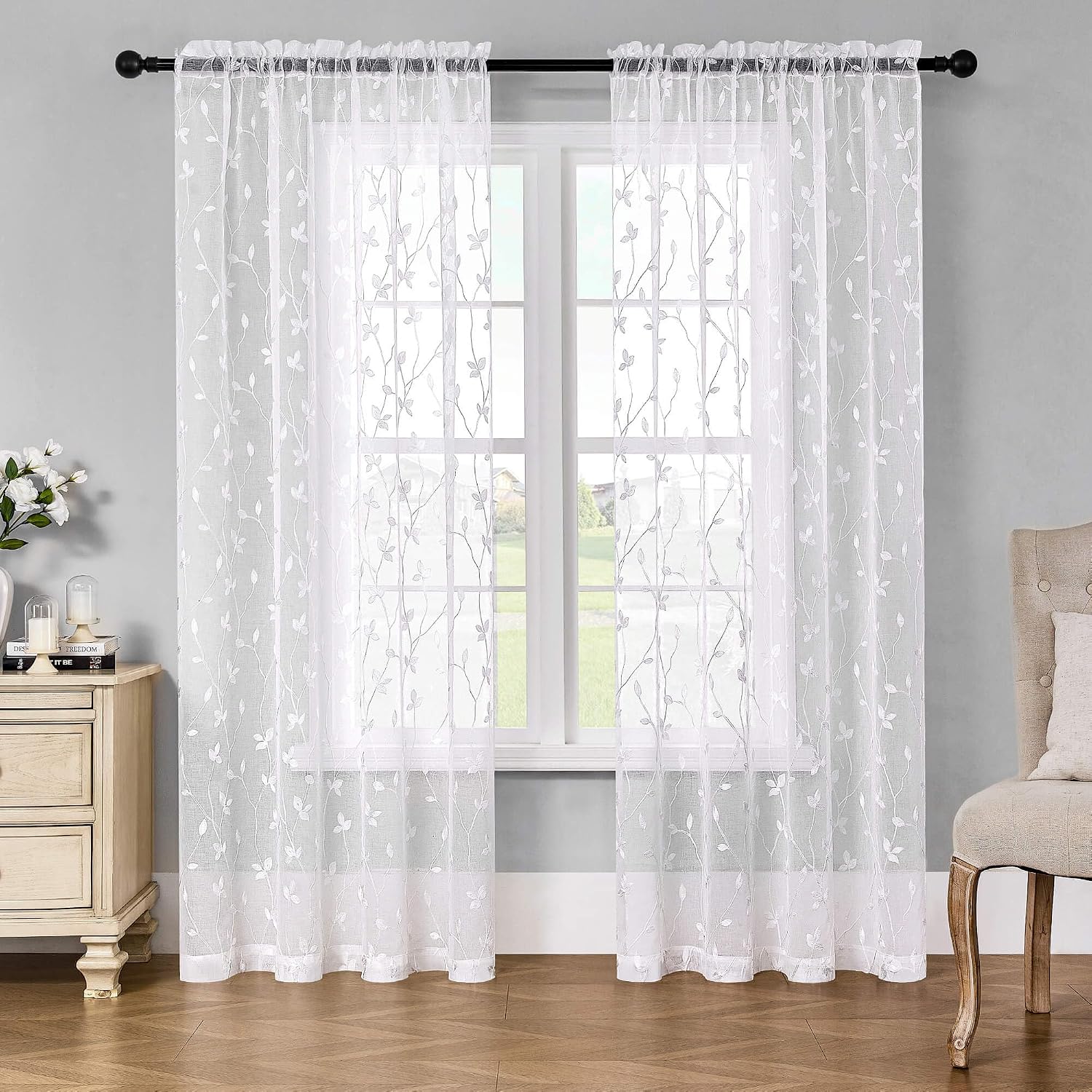 Zasłony tiulowe z białym wzorem liści, dwuczęściowe zasłony tiulowe z motywem kwiatowym (białe, 132 cm x 160 cm)