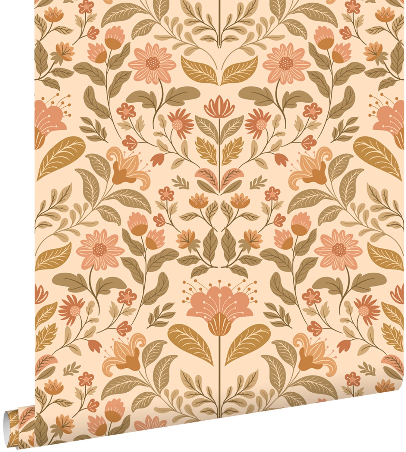 Tapeta zabytkowe kwiaty ciepły beż i zielony - 50 x 900 cm - ESTAHOME