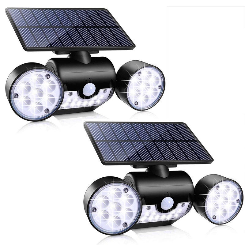 2SZT. Solarna Lampa z Wykrywaczem Ruchu, Dwugłowy Projektor LED, Wodoodporne Oświetlenie Zewnętrzne do Drzwi Wejściowych, Garażu, Ogrodu, Przejścia