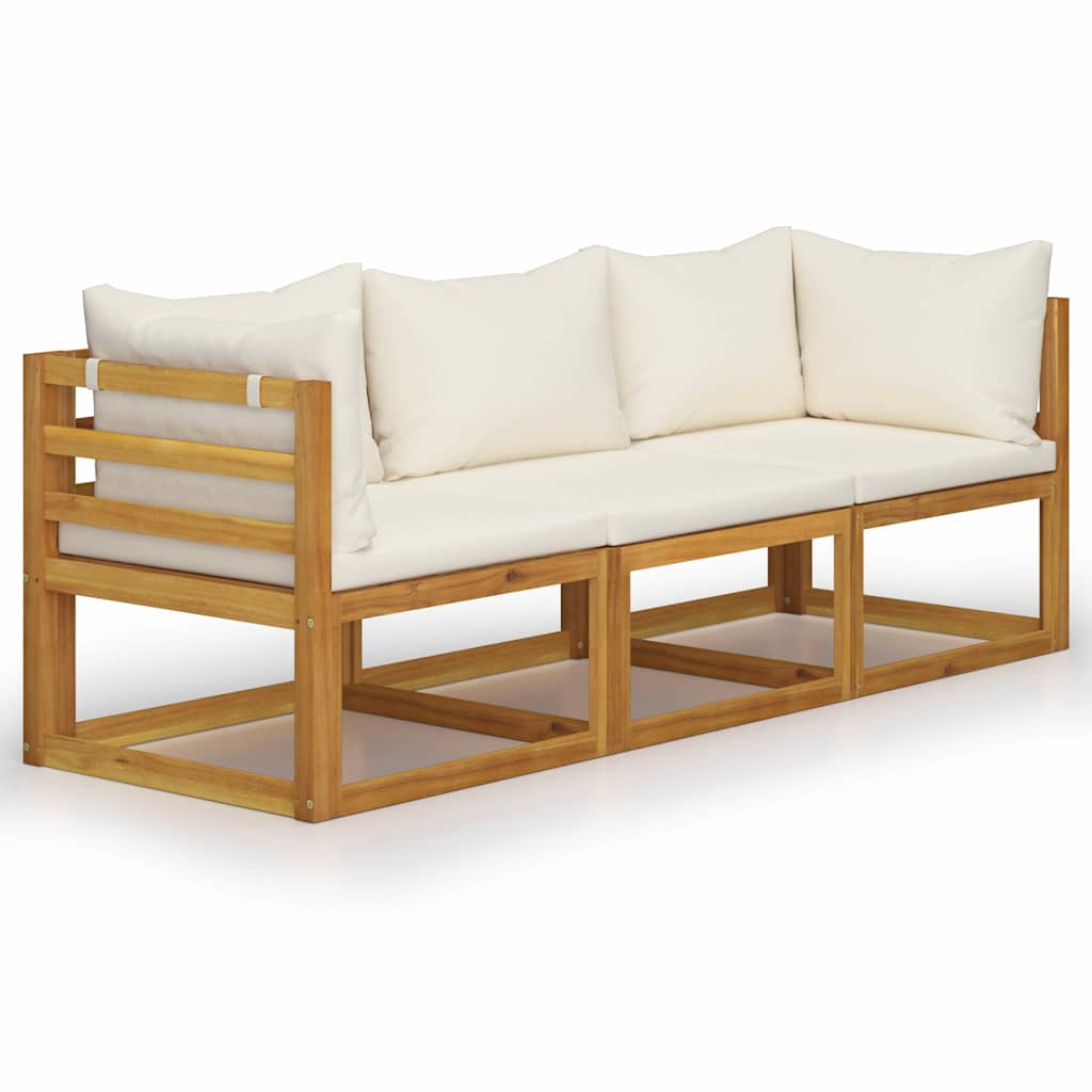 Sofa Ogrodowa Drewniana z Akacji 3-Osobowa z Kremowymi Poduszkami